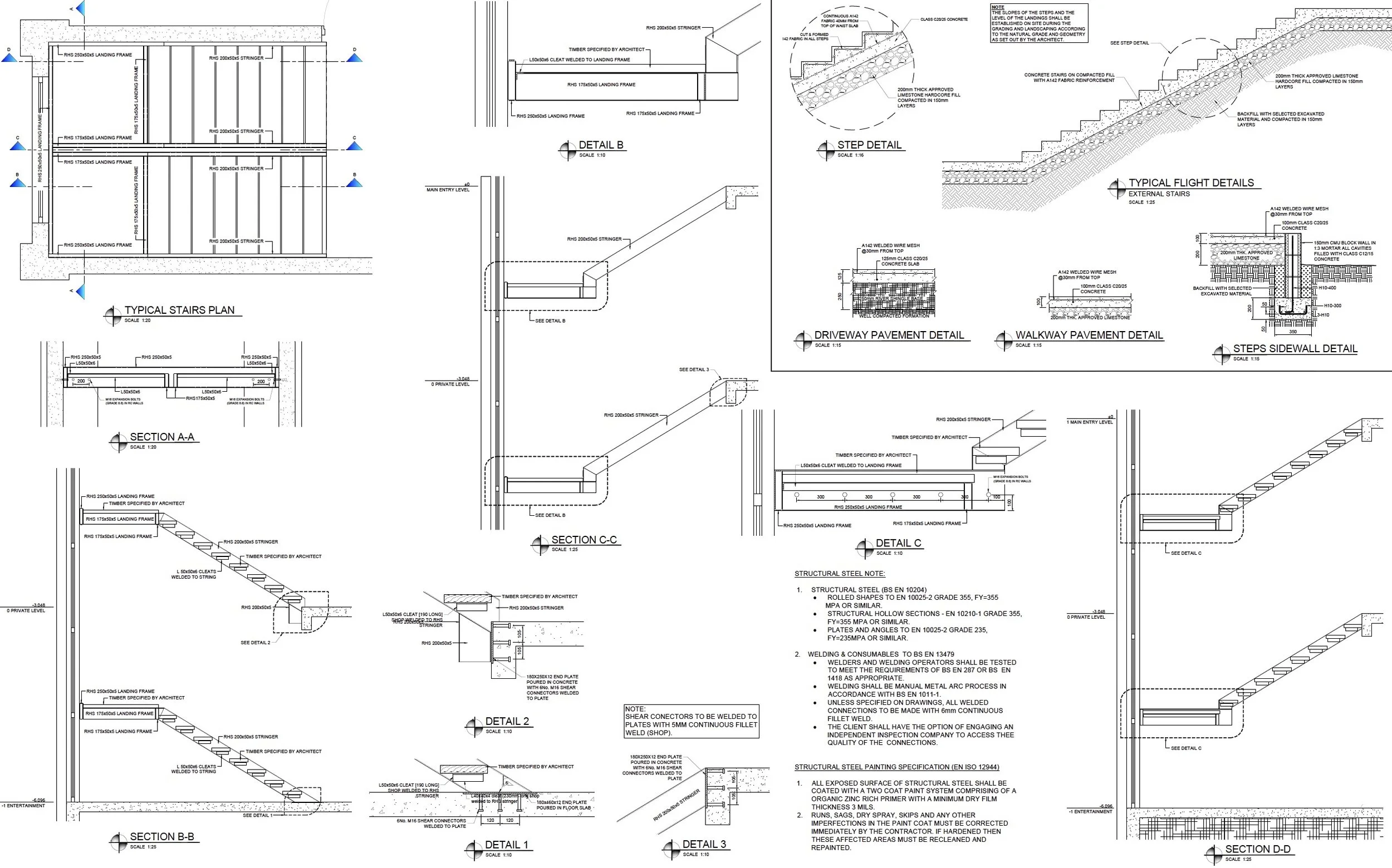 Structural engineering plan detailing stairs, walkways, and pavement assemblies with sections and elevations.