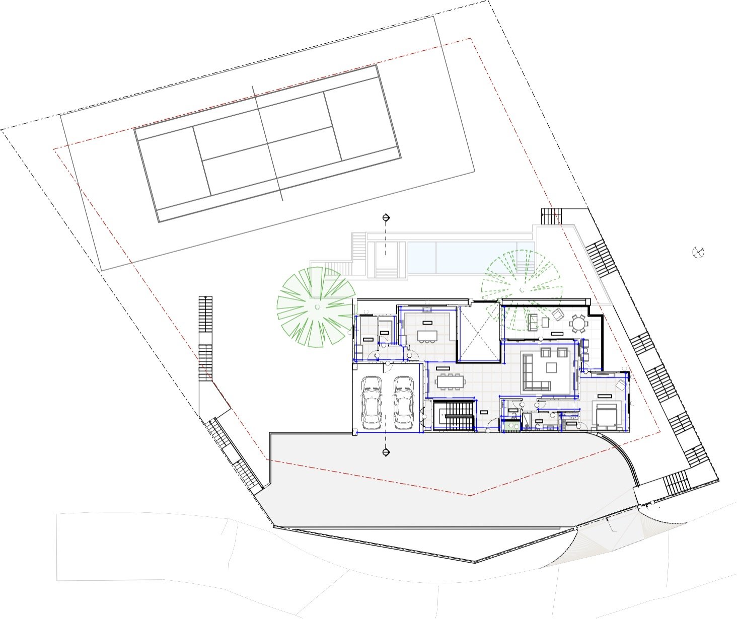 Residential floor plan with garage layout, interior zones, and landscaped outdoor elements including pool and trees.