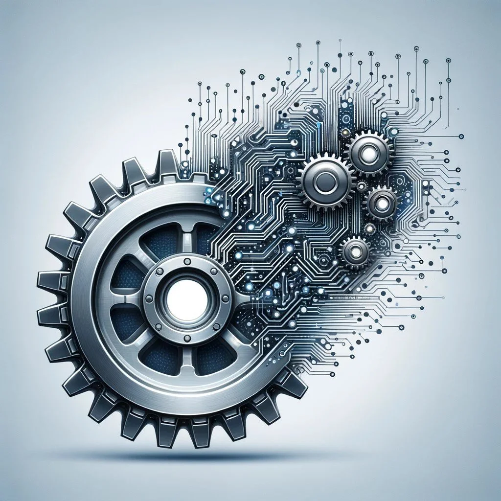 Digital illustration of interconnected gears and circuitry representing technological machinery or automation.