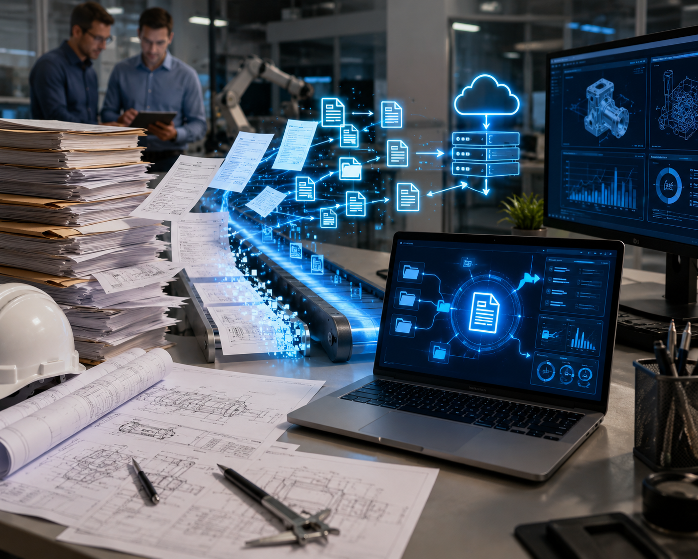 A cluttered desk with engineering blueprints, documents, a computer, and a large monitor displaying digital data and graphics related to cloud storage and data management. Two men are in the background analyzing documents in an industrial or office setting.