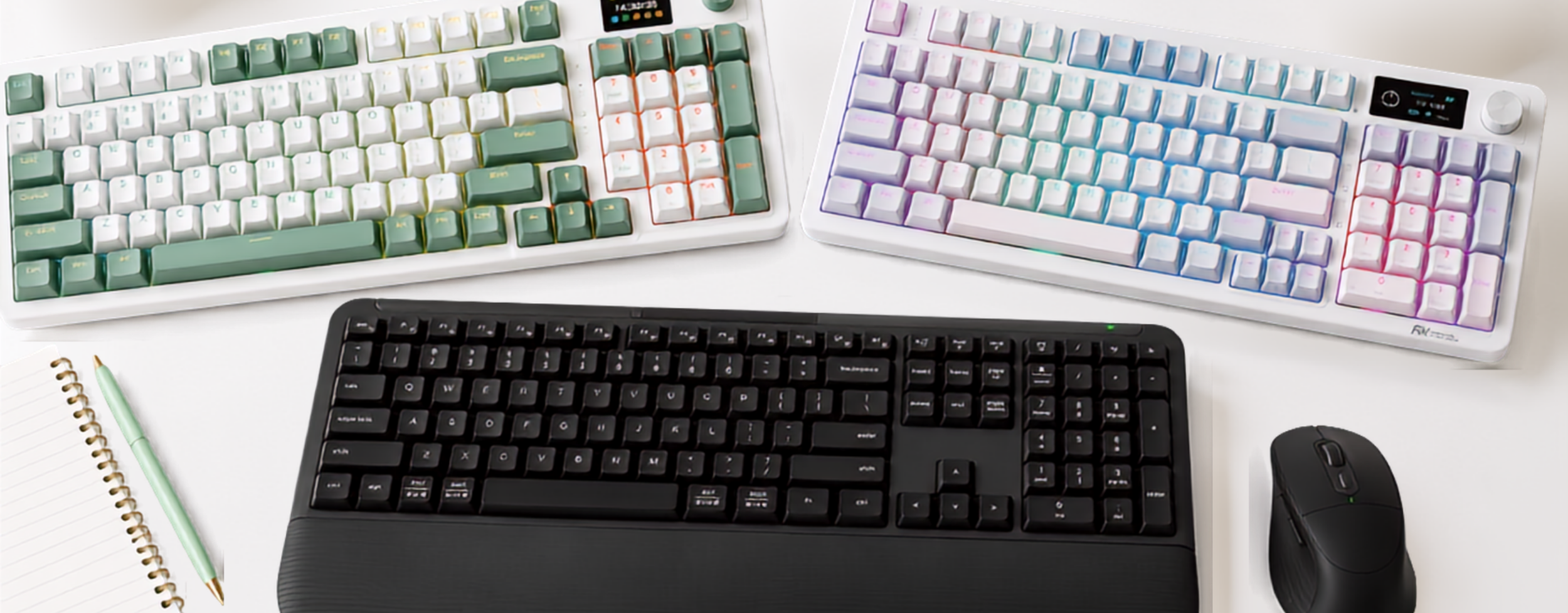 multiple keyboards displayed mechanical and regular keyboards