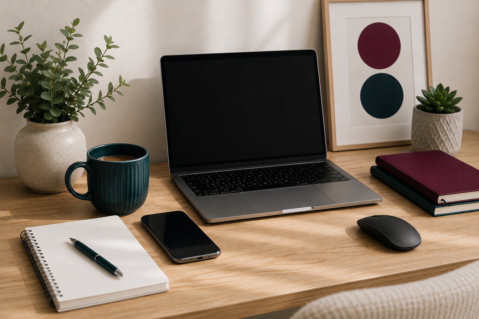 Laptop on desk of virtual assistant with phone notebook and plants