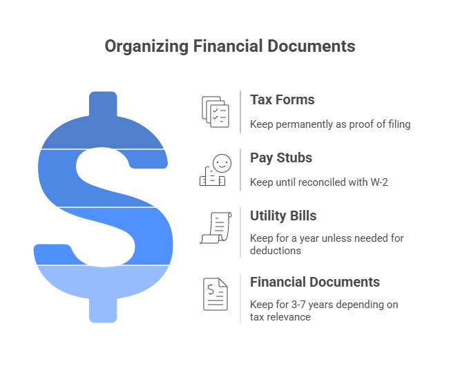 Infographic showing how long to keep financial documents: permanently, until matched, 1 year, or 3–7 years based on document type and purpose.