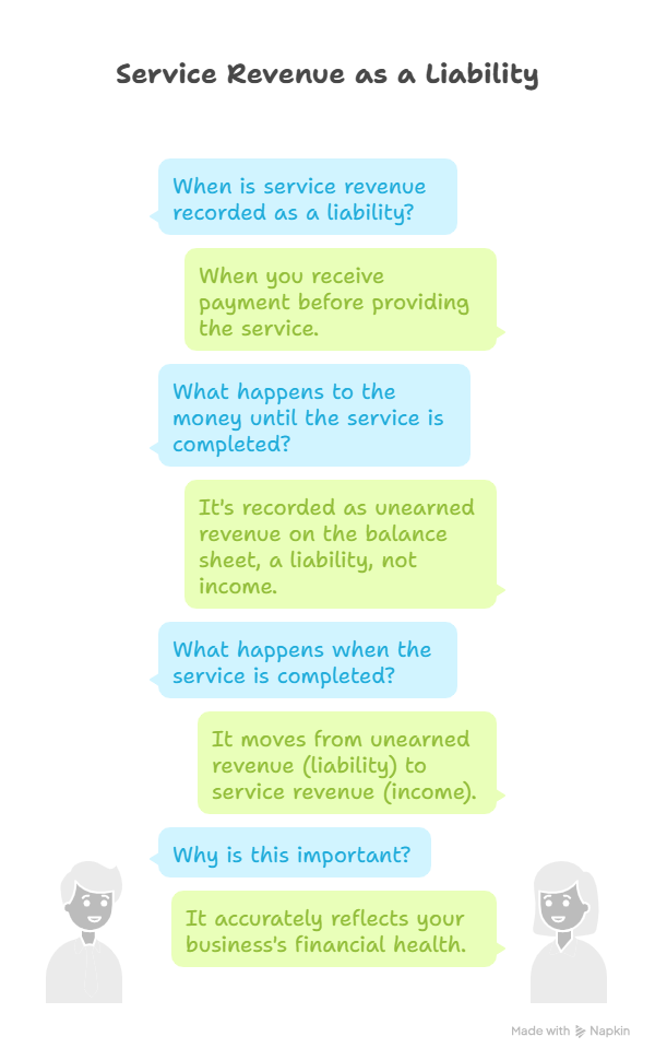 A chat image titled "Service Revenue as a Liability" explaining the accounting for prepaid services. The conversation answers the question, Is service revenue a liability, by explaining that service revenue is recorded as a liability (unearned revenue) when payment is received before the service is provided, and it moves to service revenue (Income) when the service is completed.