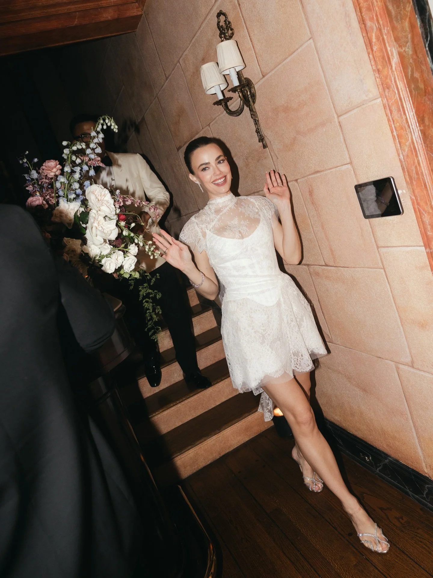 Can&rsquo;t forget the after party! @rebeccarittenhouse wears a @selinemeisler.nyc french lace corset and mini skirt to dance the rest of the night away ✨ Seline&rsquo;s perspective on bridal is like a modern romantic fairytale, inspired by elements 