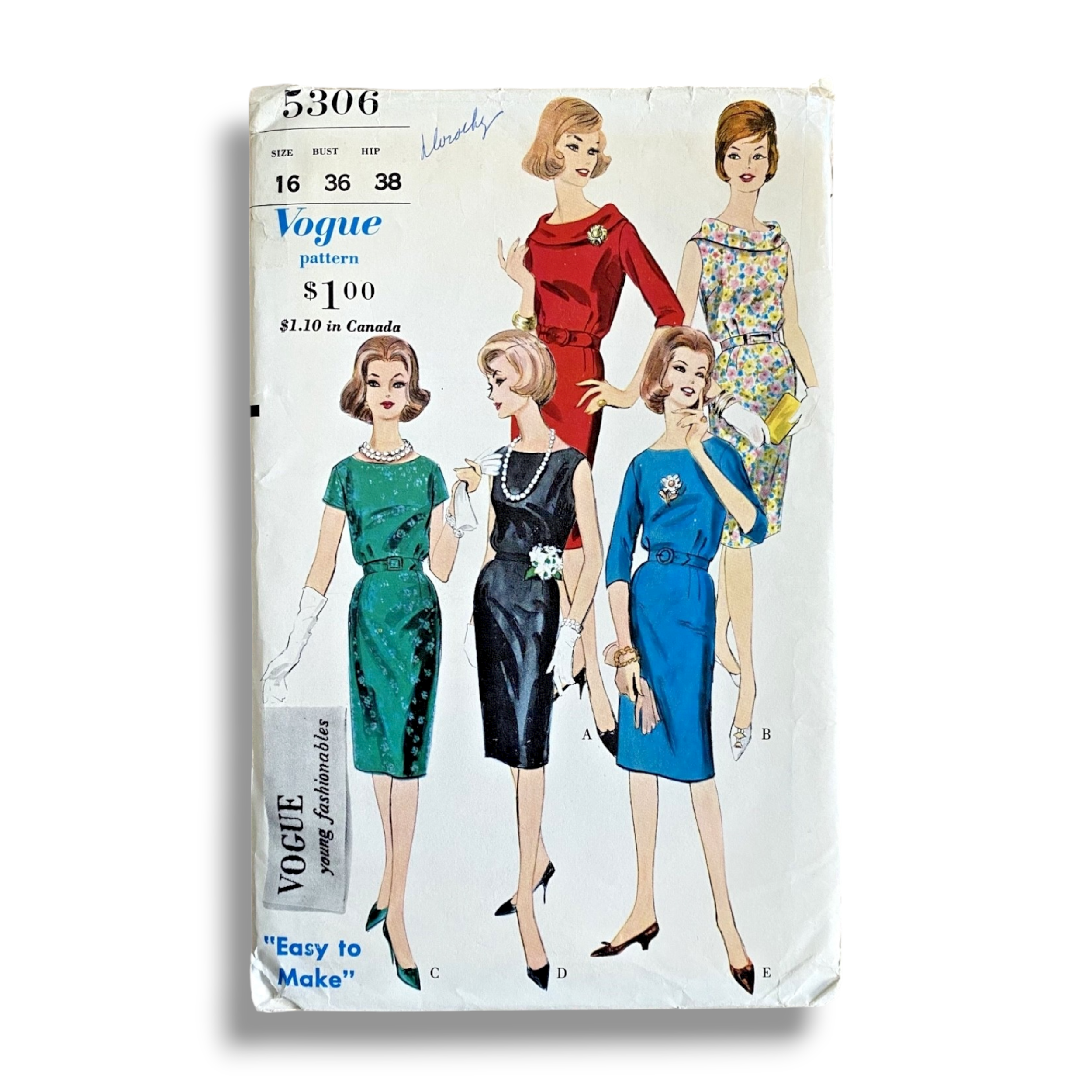 Vogue 5306, 60s Dress, Size 16/36, Factory Folded, Vintage Sewing Pattern