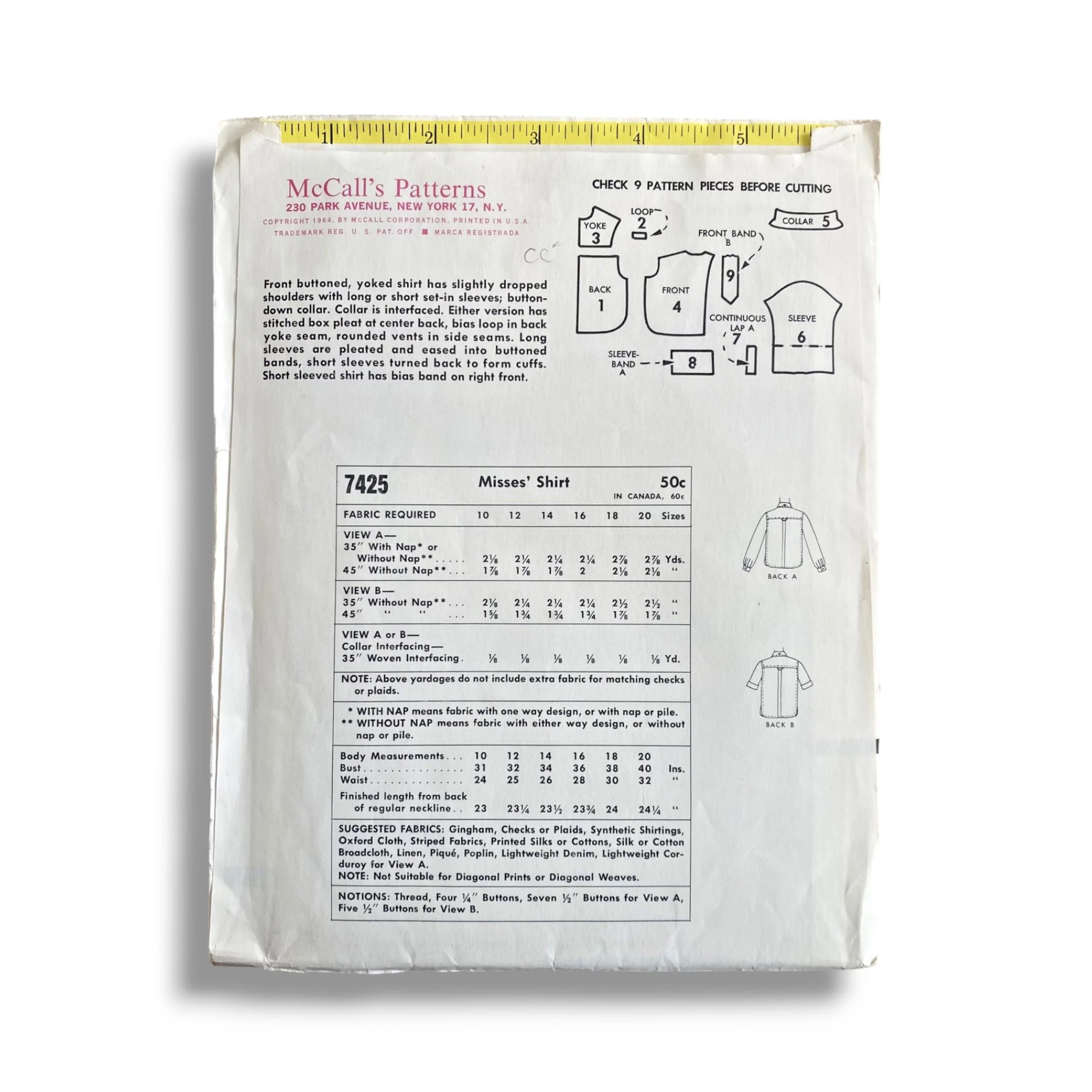 McCalls 7425, 60s Shirt, Size 14:34, Cut & Complete, Vintage Sewing Pattern1.jpg