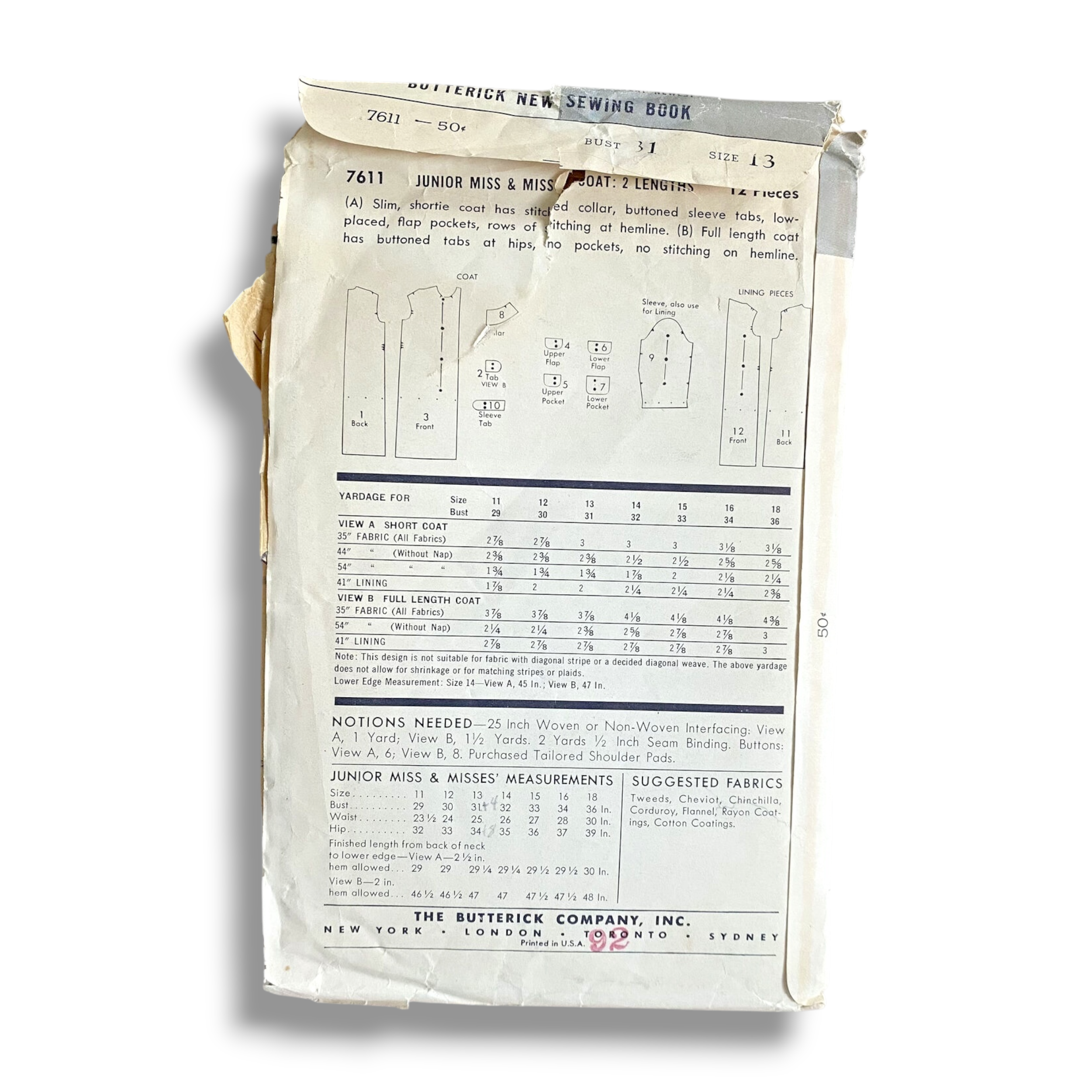 Butterick 7611, 50s Coat, Size 13:31, Cut & Complete, Vintage Sewing Pattern1.PNG