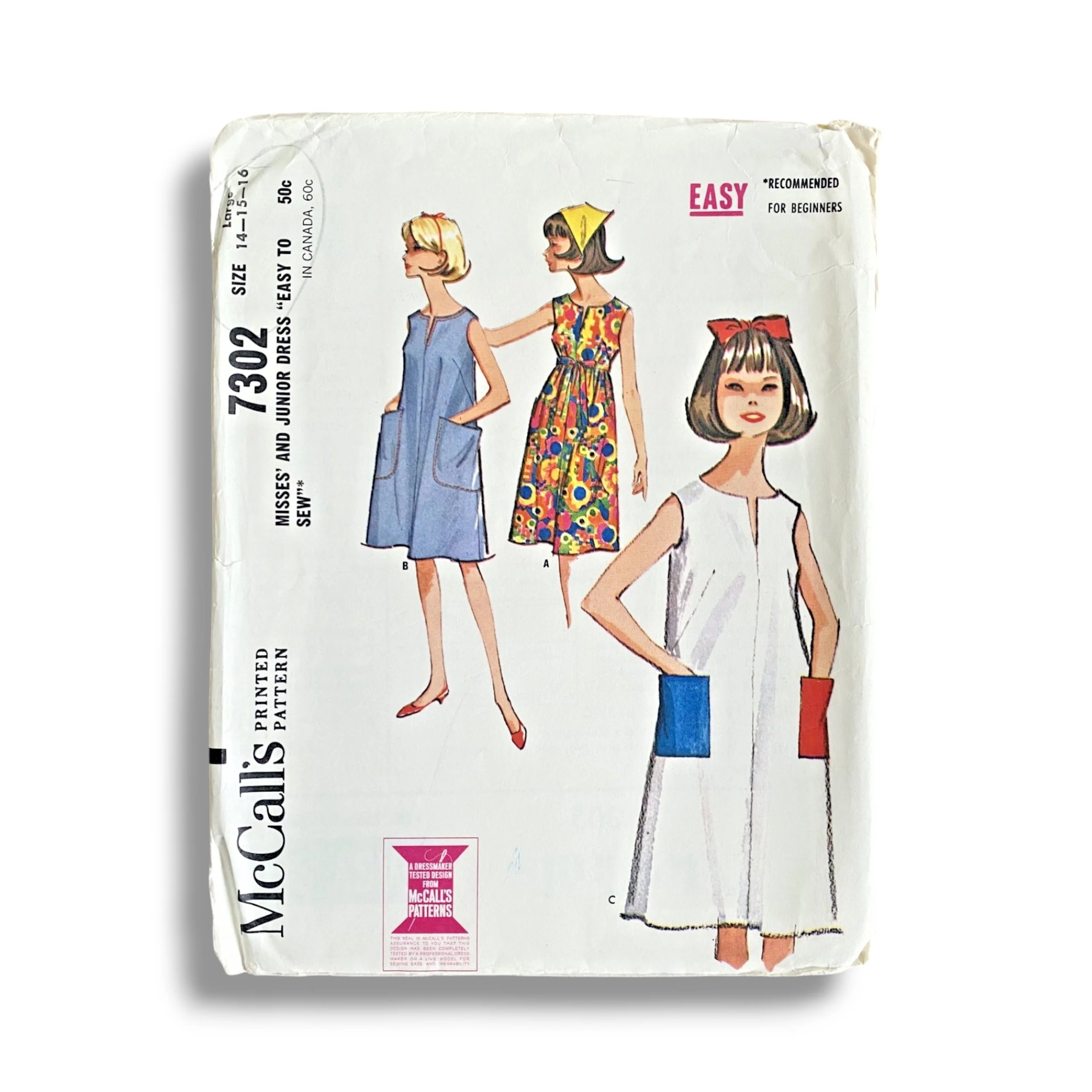 McCalls 7302, 60s Dress, Size 14-16:34-36, Factory Folded, Vintage Sewing Pattern.jpg