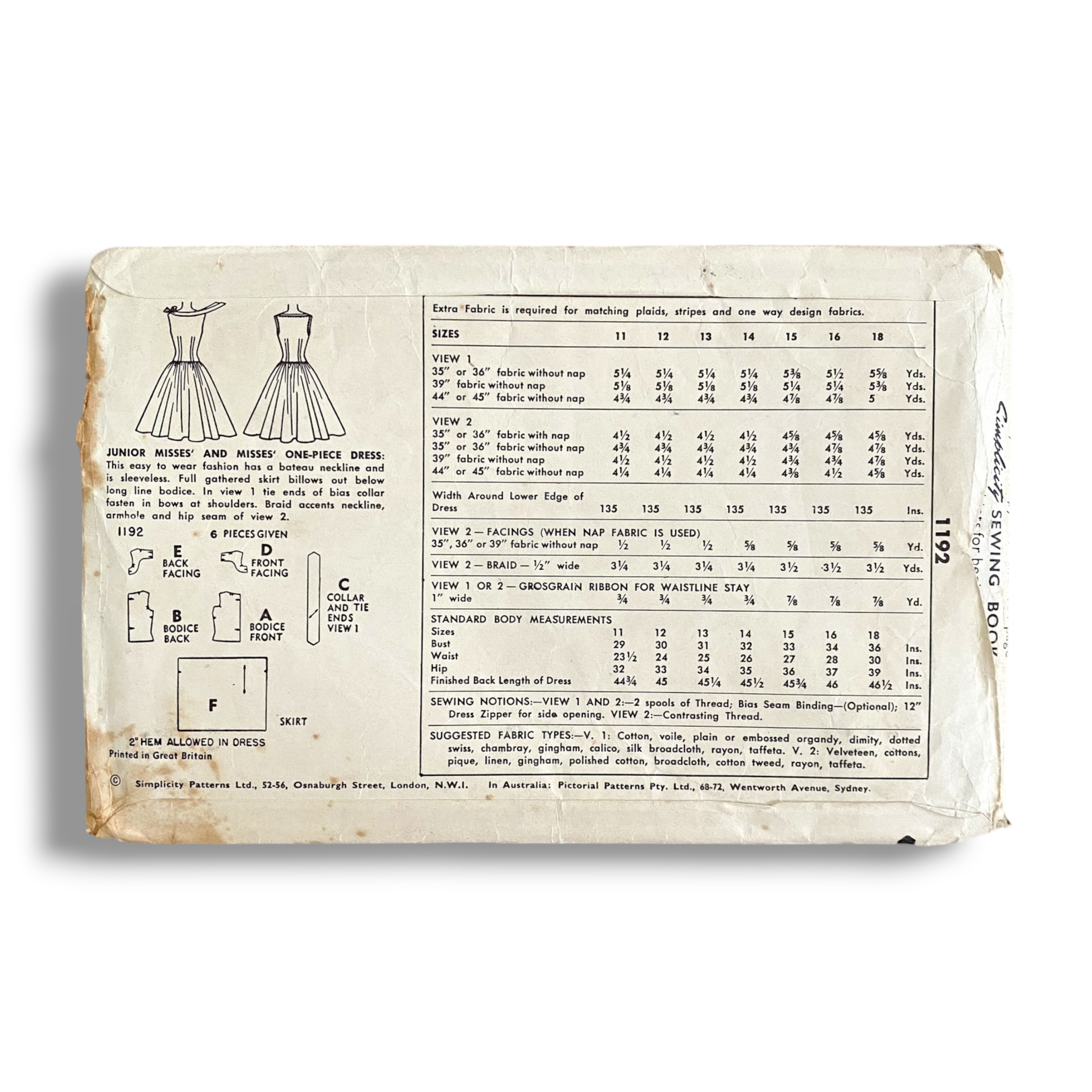 Simplicity 1192, 50s Dress, Cut & Complete, Size 14:32, Vintage Sewing Pattern1.PNG