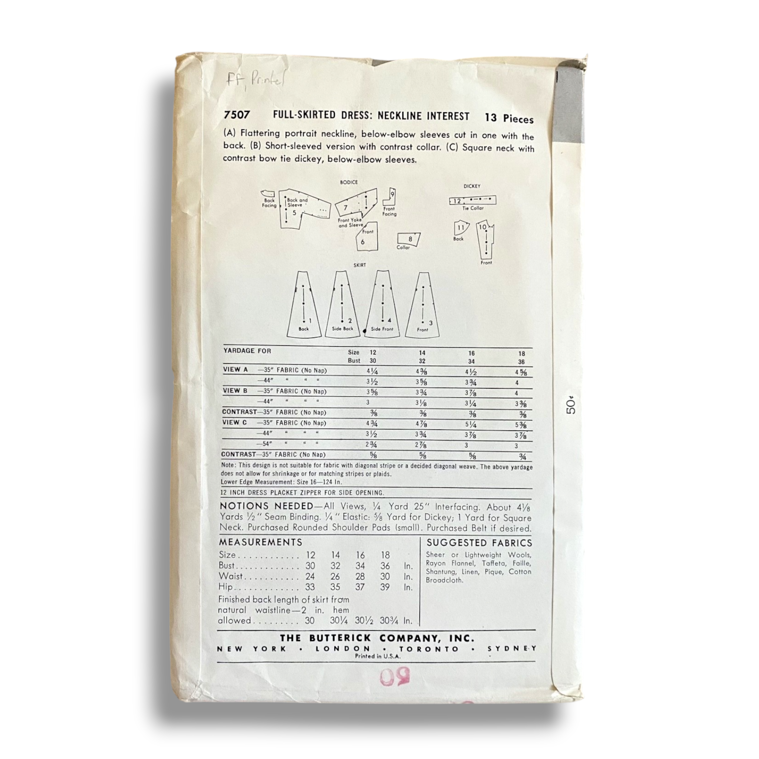 Butterick 7507, 50s Dress, Size 16:34, Factory Folded, Vintage Sewing Pattern1.PNG