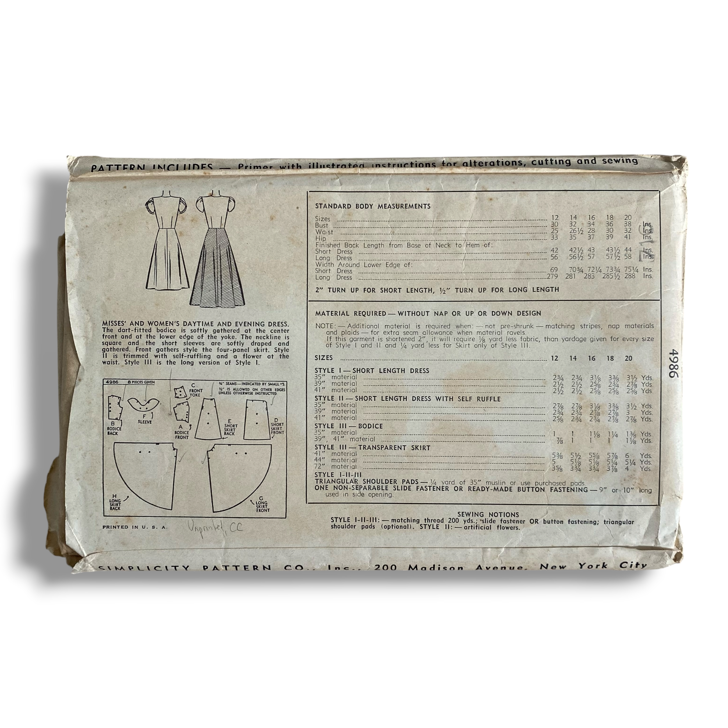 Simplicity 4986, 40s Daytime and Evening Dress, Size 16:34, Cut & Complete, Vintage Sewing Pattern1.PNG