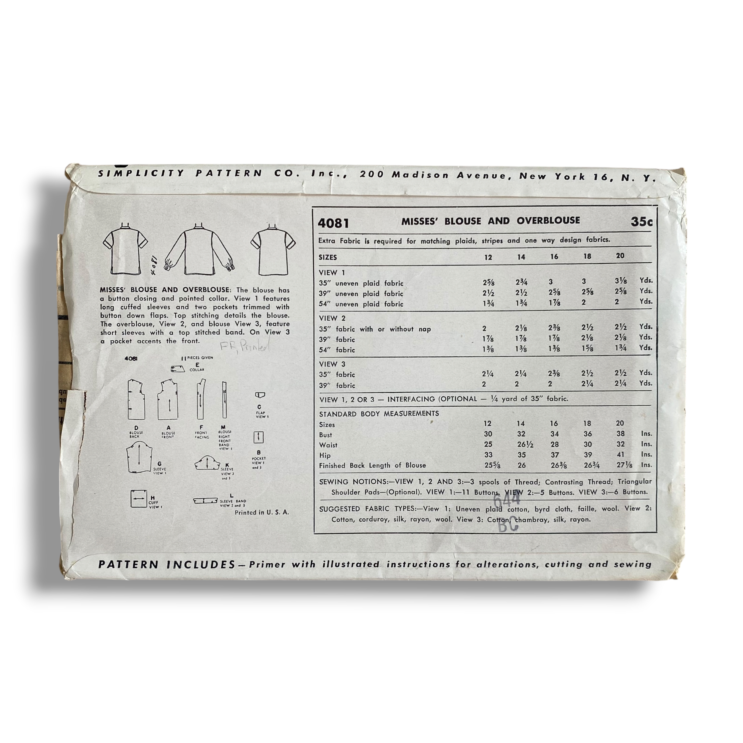 Simplicity 4081, 50s Blouse & Overblouse, Size 16:34, Factory Folded, Vintage Sewing Pattern1.PNG