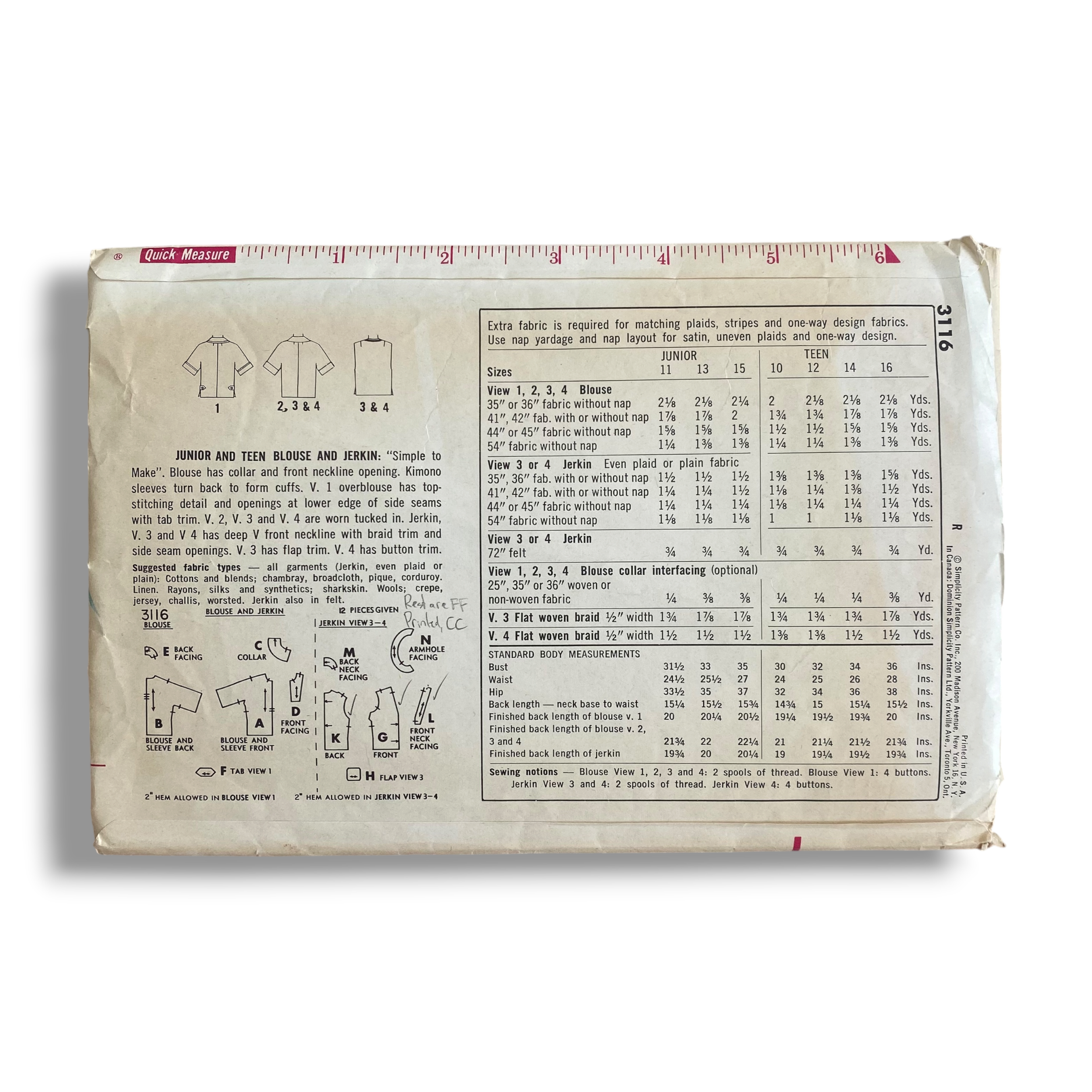 Simplicity 3116, 50s Blouse and Jerkin, Size 12:32, Cut & Complete, Vintage Sewing Pattern1.PNG