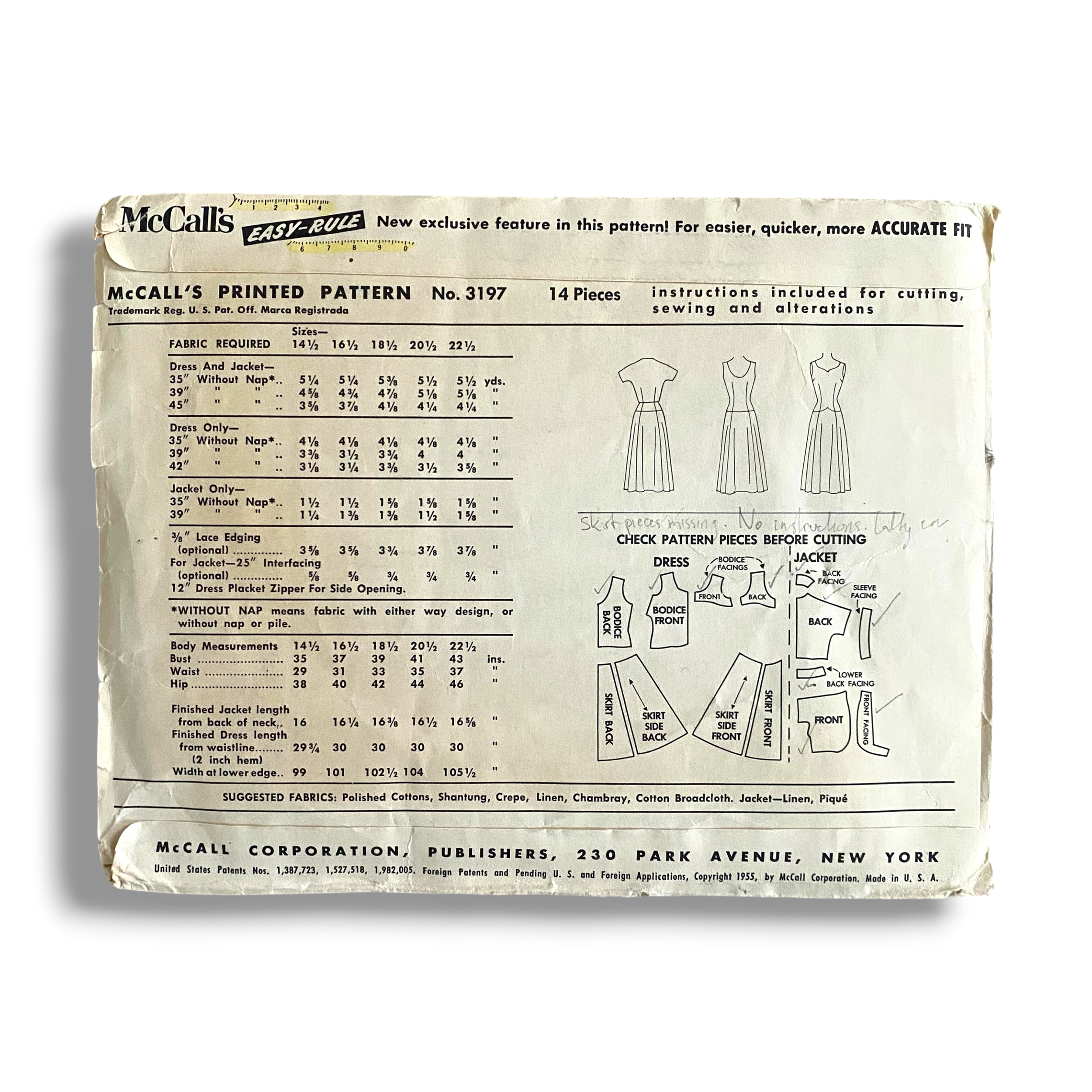 McCalls 3197, 50s Dress & Jacket, Size 16.5:37, Cut, Vintage Sewing Pattern1.PNG