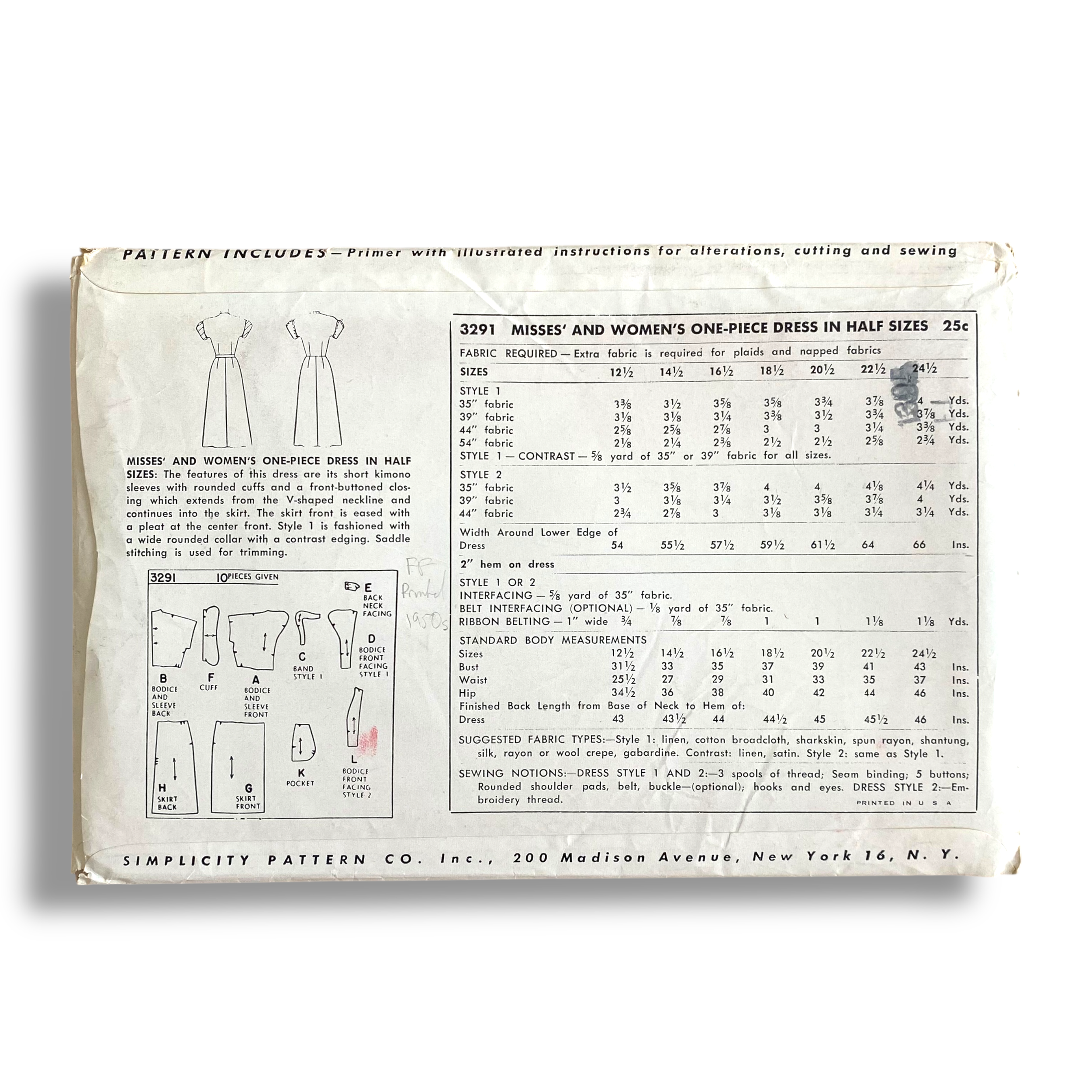 Simplicity 3291, 50s Dress, Size 12.5:31.5, Factory Folded, Vintage Sewing Pattern2.png
