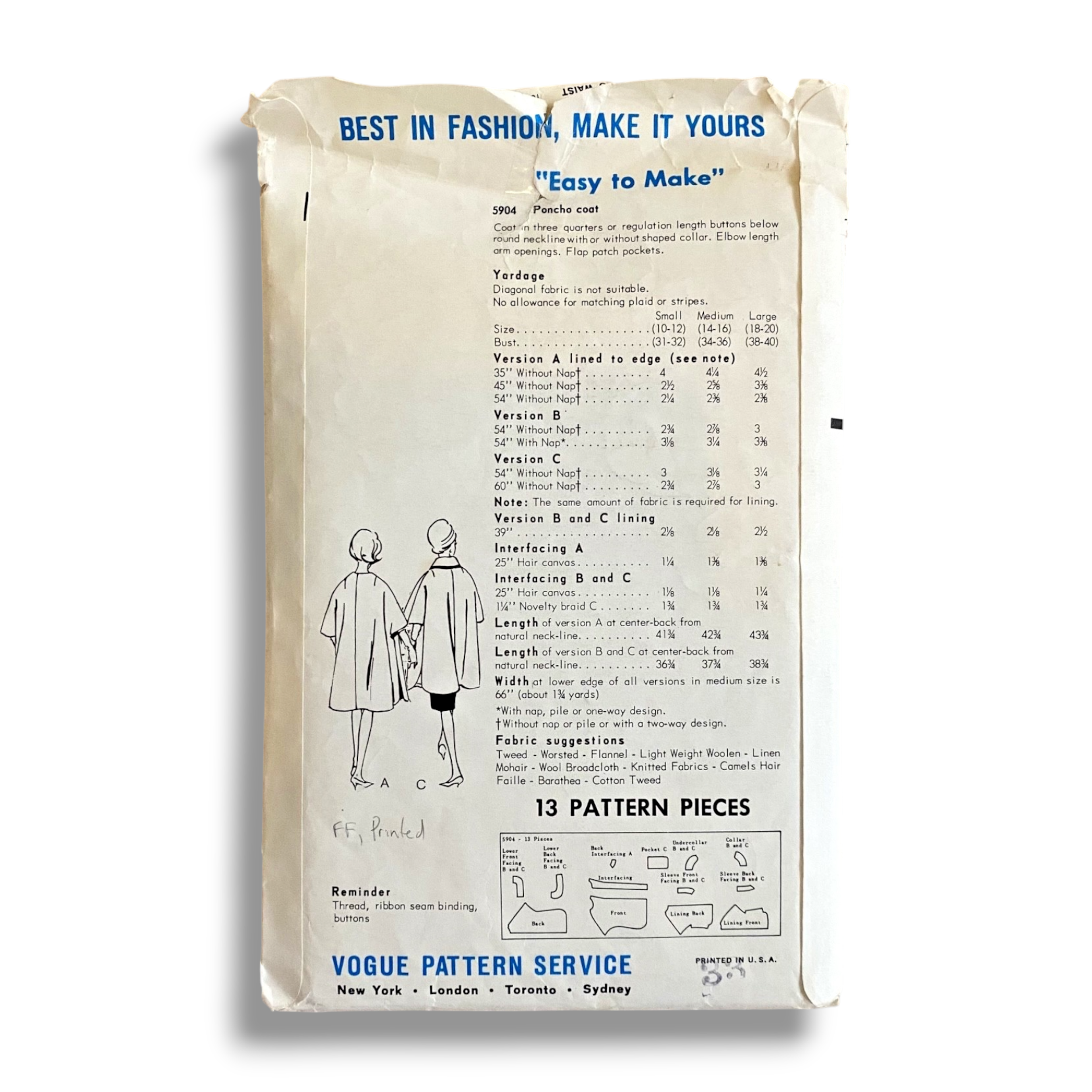 Vogue 5904, 60s Poncho Coat, Size Small 8-10, Factory Folded, Vintage Sewing Pattern1.PNG