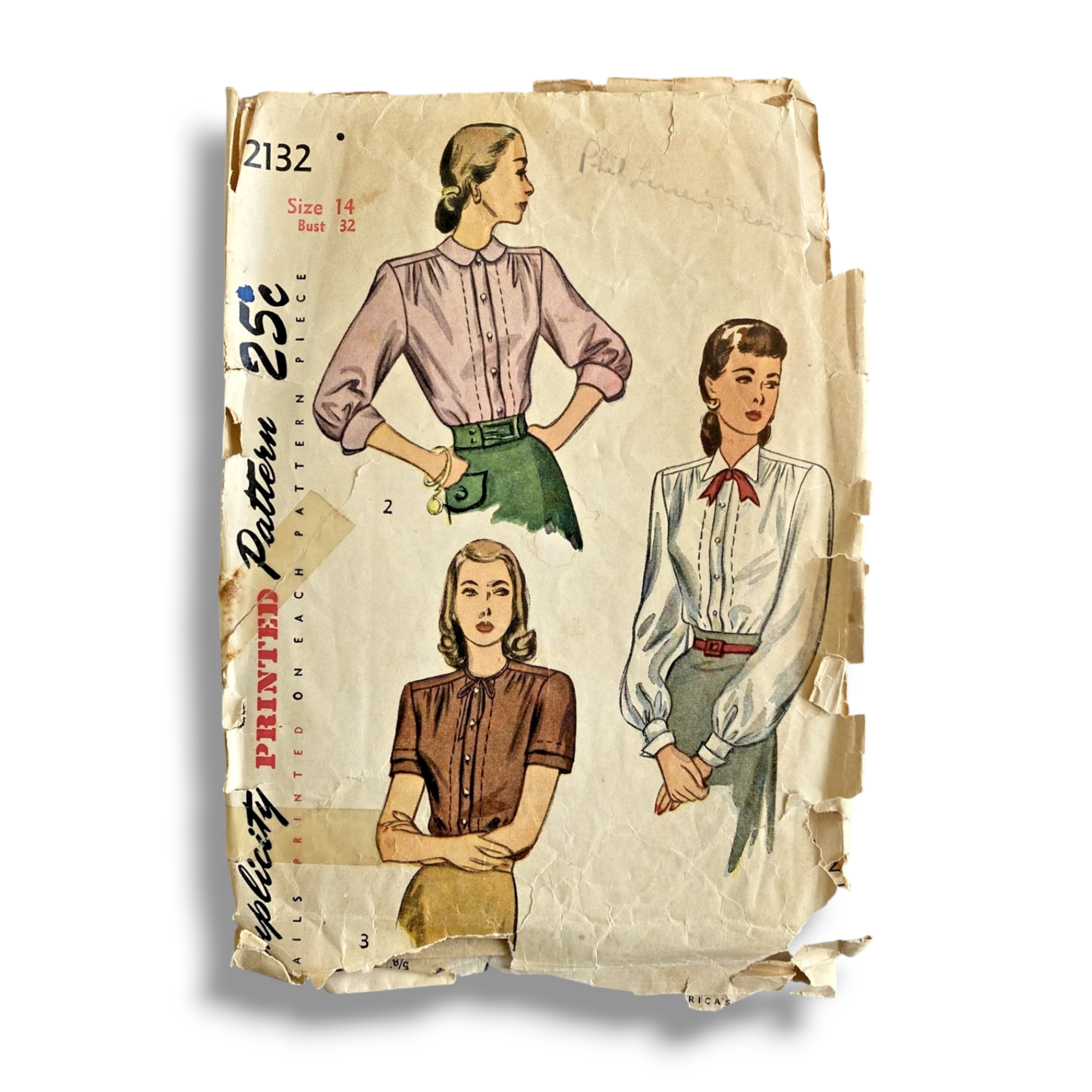 Simplicity 2132, 40s Blouse, Size 14/32, Cut & Complete, Vintage Sewing Pattern