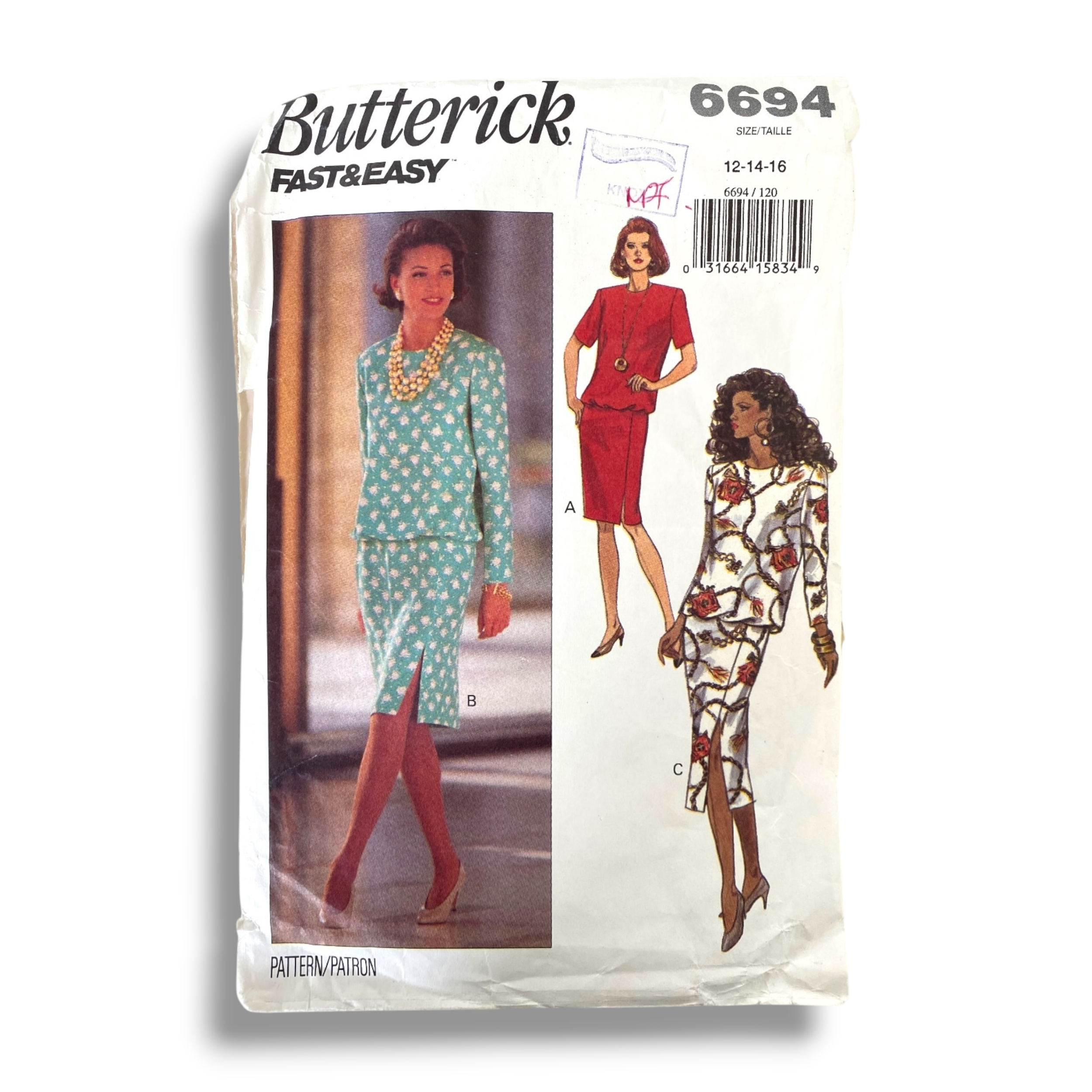 Butterick 6694, 90s Dress, Size 12-14-16, Unchecked, Vintage Sewing Pattern