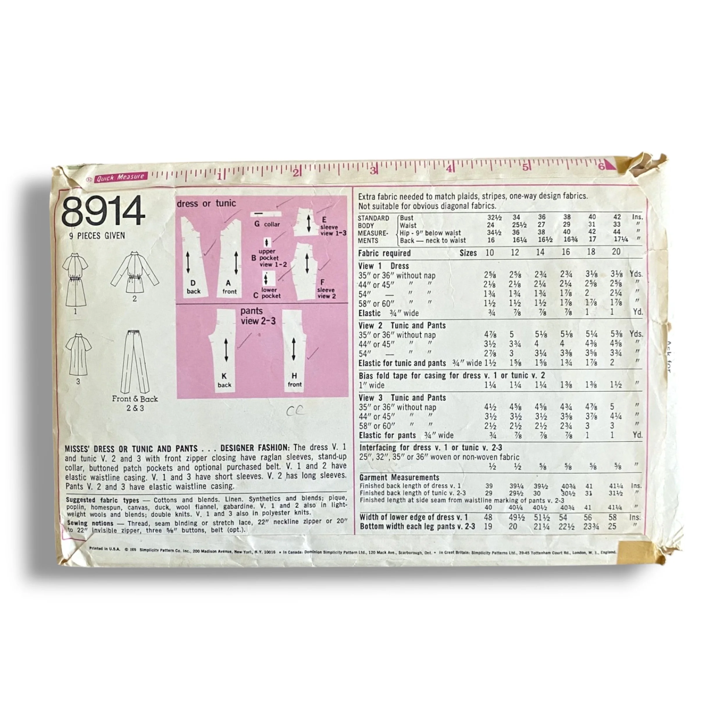 Simplicity 8914, 70s Dress:Tunic:Pant, Size 12:34, Cut, Complete, Vintage Sewing Pattern2.jpg