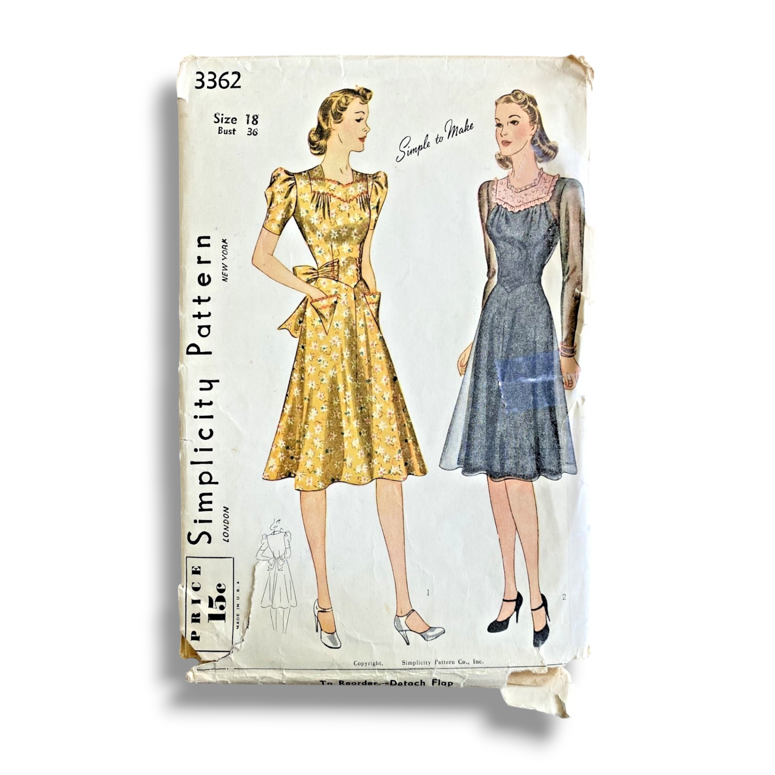 Simplicity 3362, 40s Dress, Size 18/36, Factory Folded, Vintage Sewing Pattern