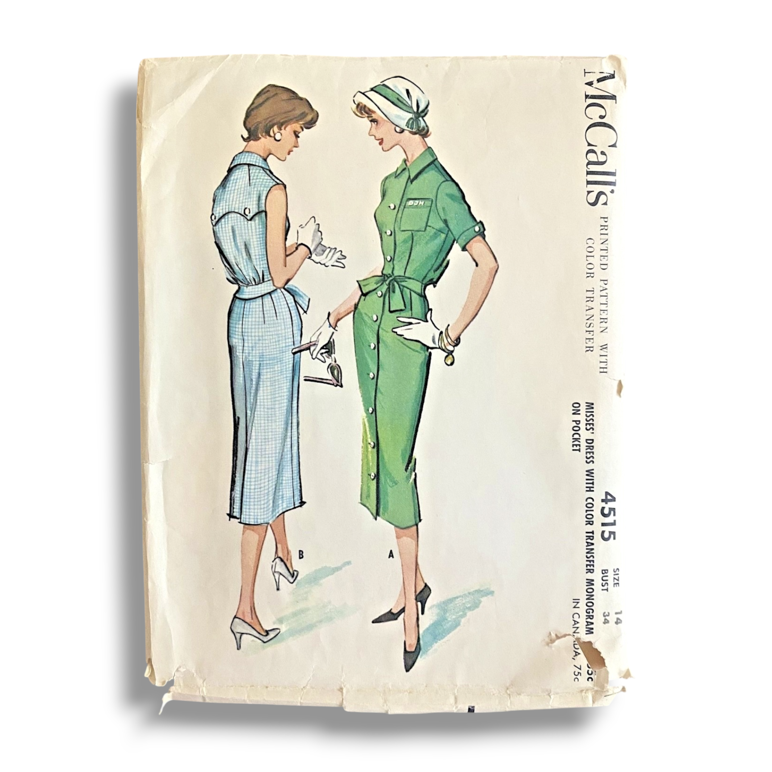 McCalls 4515, 50s Dress with Transfers, Size 14/34, Cut & Complete, Vintage Sewing Pattern