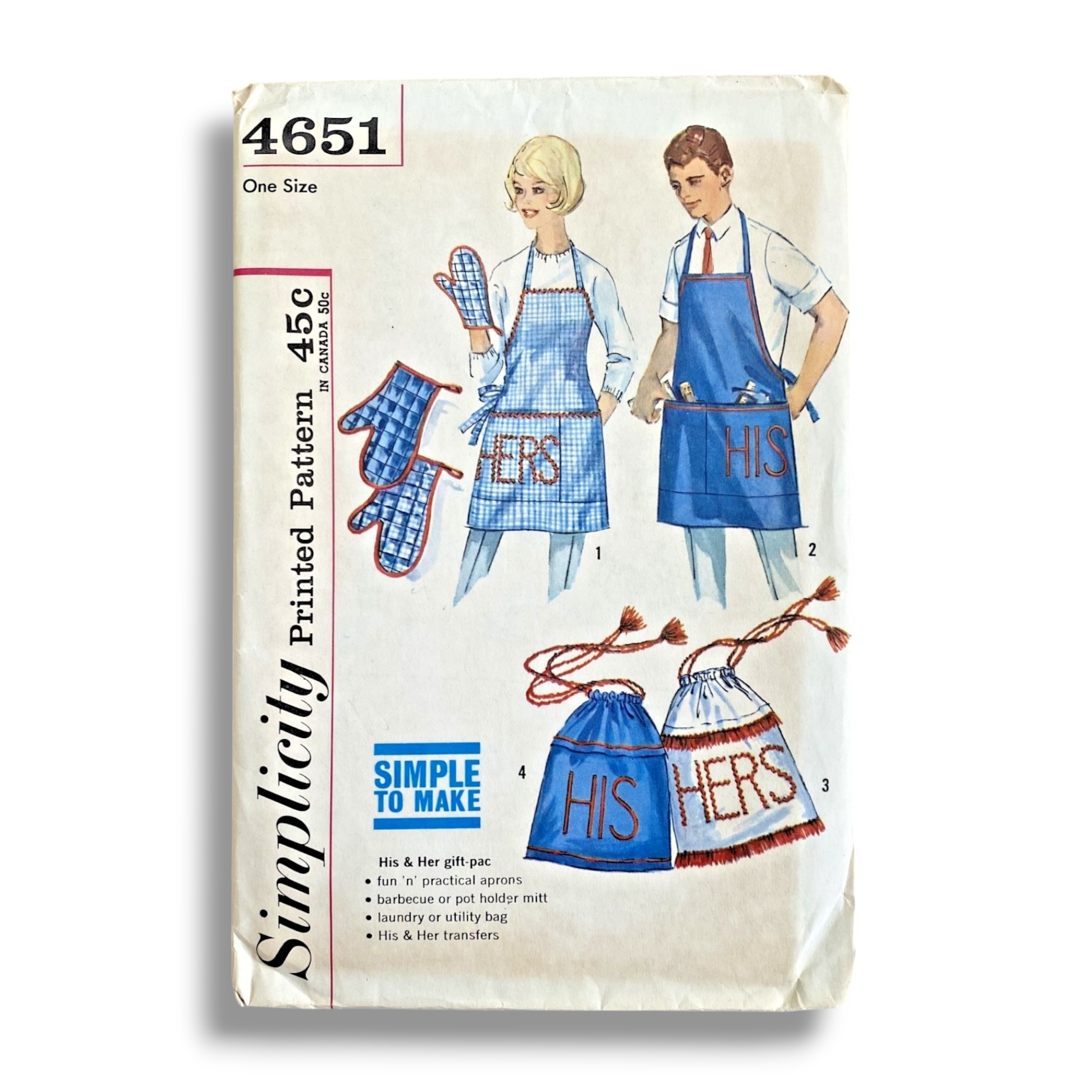 Simplicity 4651, 50s Apron/Oven Mitt/Bag with Transfers, One Size, Factory Folded, Vintage Sewing Pattern