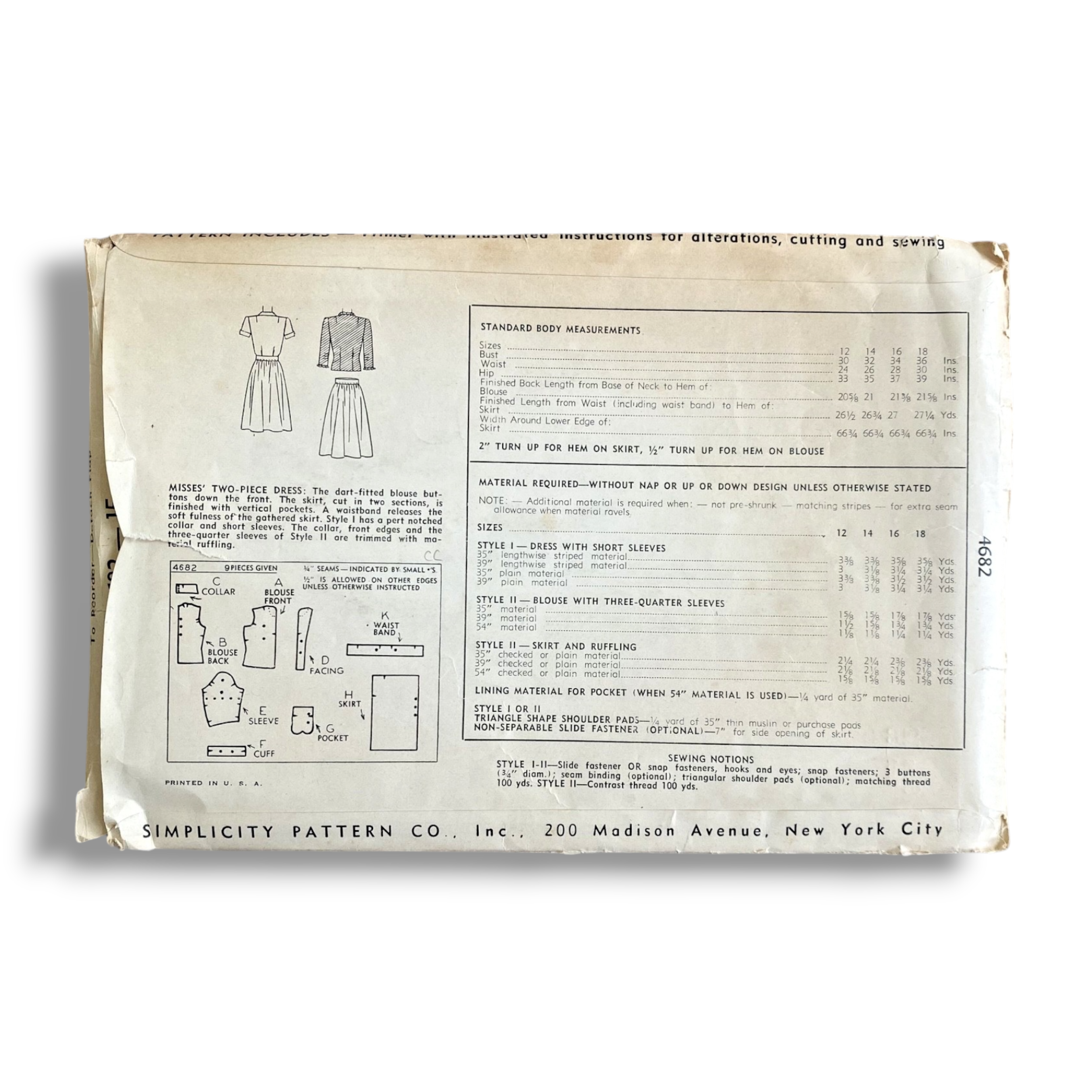 Simplicity 4682, 40s Dress, Size 12:30, Factory Folded, Vintage Sewing Pattern1.PNG