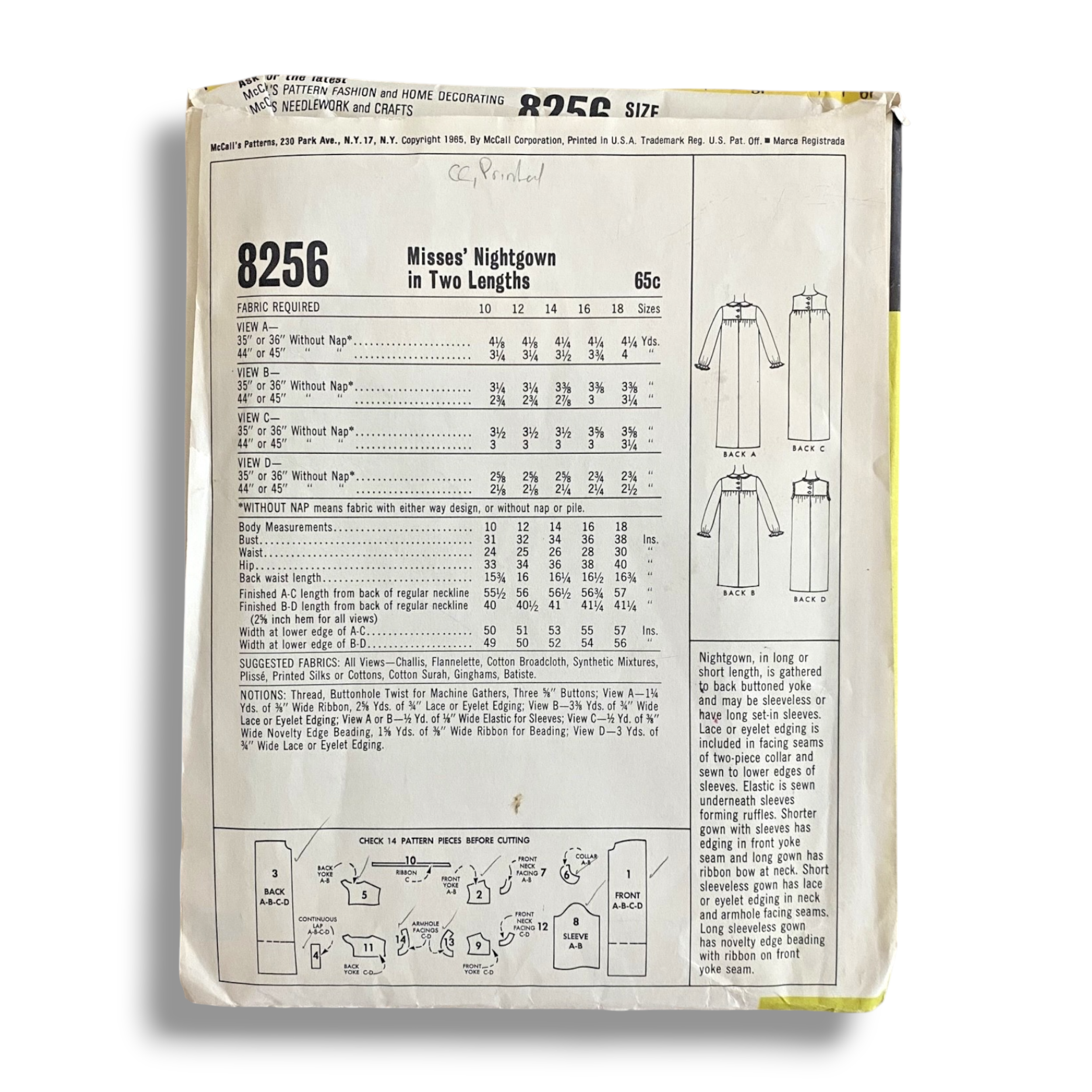 McCalls 8256, 60s Nightgown, Size 12:32, Cut & Complete, Vintage Sewing Pattern1.PNG