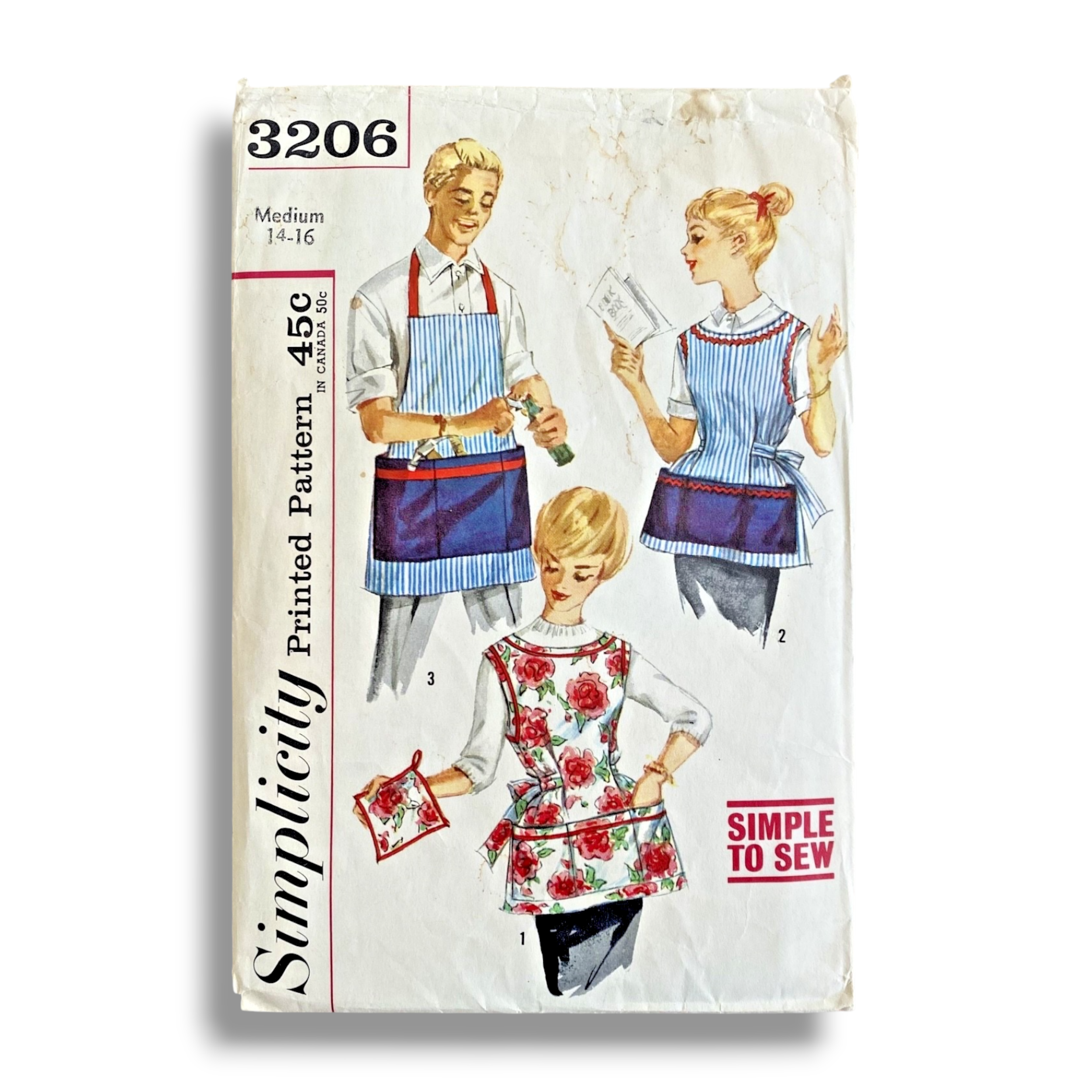 Simplicity 3206, 50s Women's and Men's Apron/Pot Holder, Size Medium 14-16, Cut & Complete, Vintage Sewing Pattern