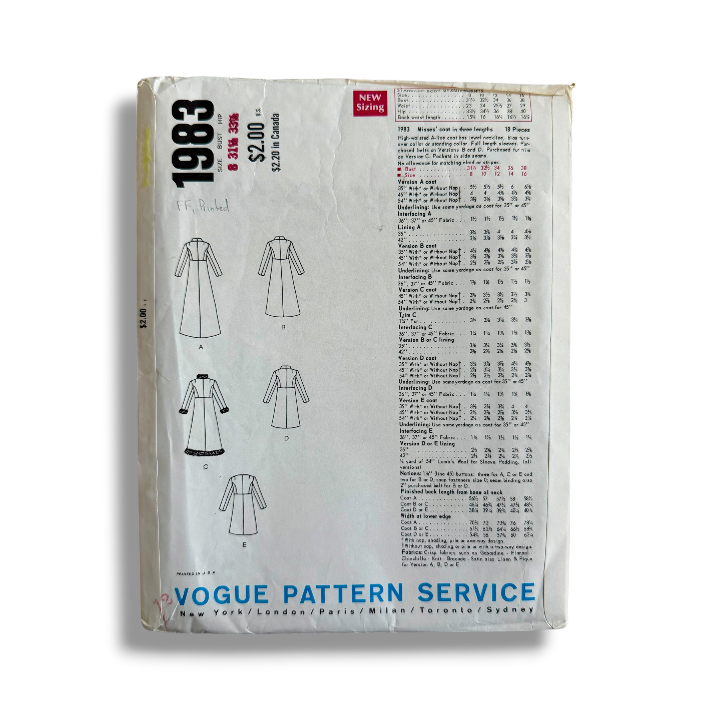 Vogue’s Basic Design 1983, 60s A-Line Coat in Three Lengths, Size 8, Bust 31.5, Factory Folded, Vintage Sewing Pattern2.PNG