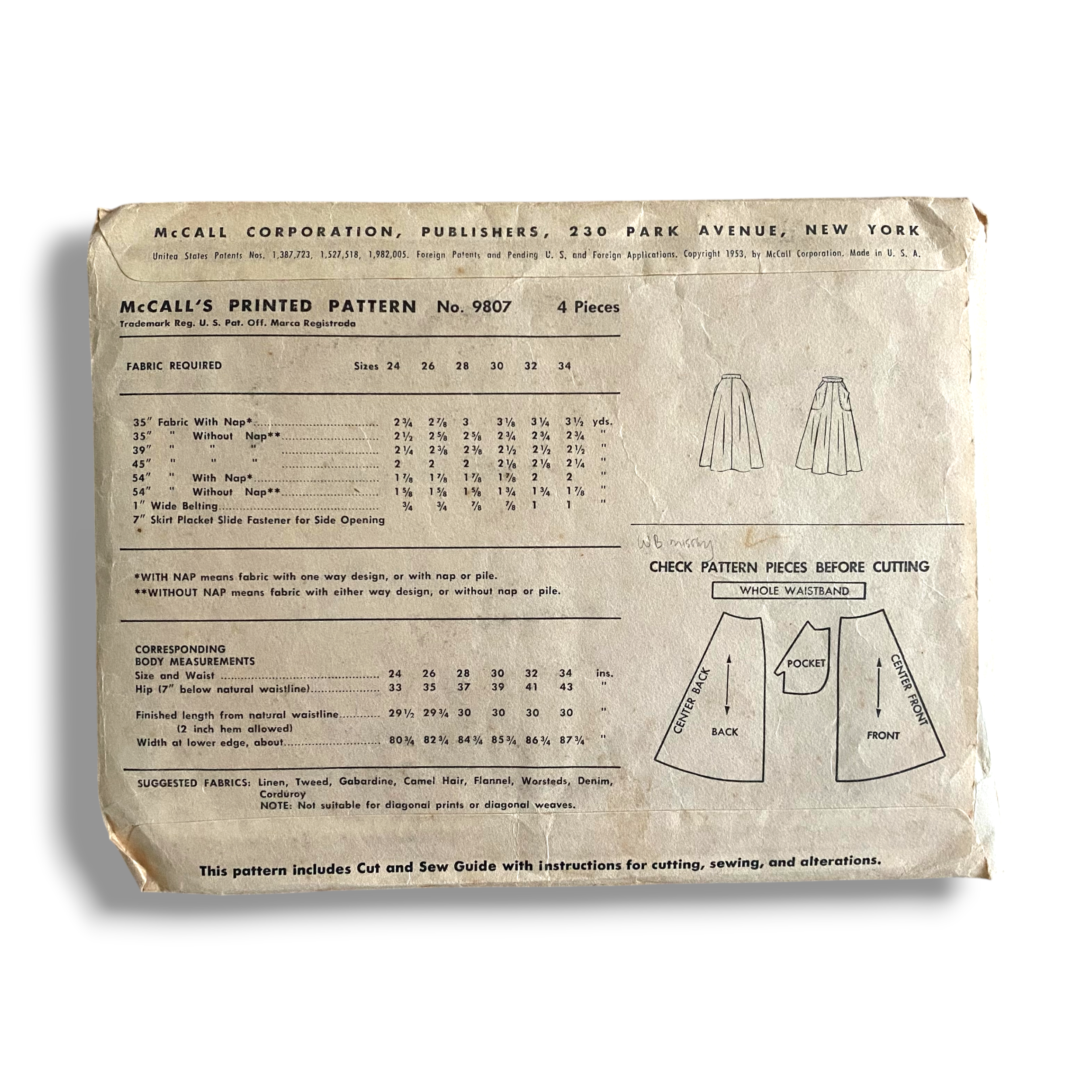 McCalls 9807, 50s Skirt, Waist 26, Cut, Vintage Sewing Pattern1.PNG
