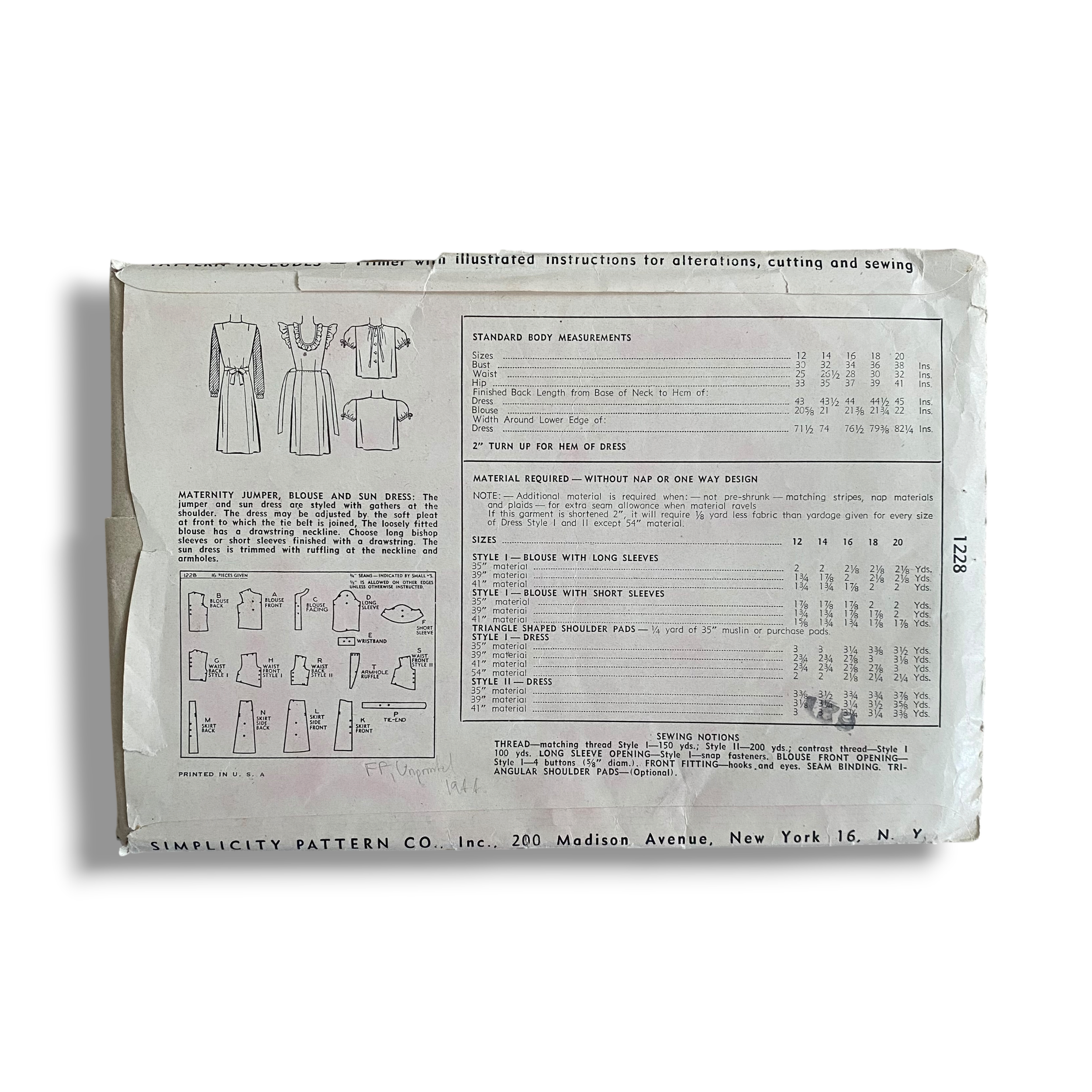 Simplicity 1228, 40s Jumper, Blouse and Sun Dress, Size 14:32, Factory Folded, Vintage Sewing Pattern0.PNG