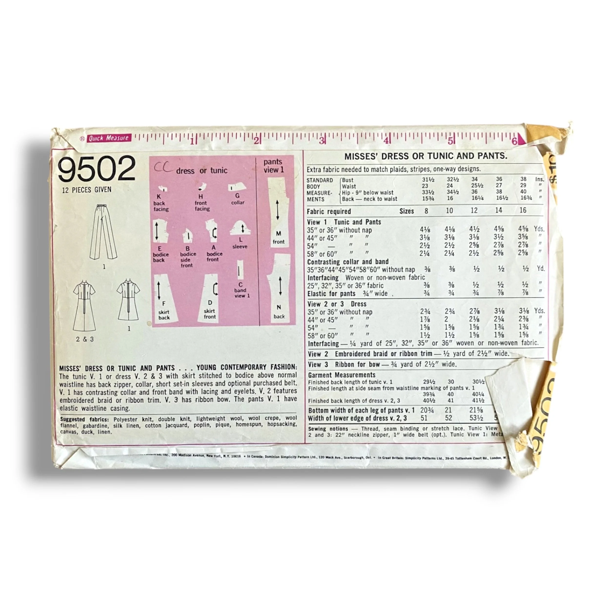 Simplicity 9502, 70s Dress:Tunic:Pant, Size 12:34, Cut & Complete, Vintage Sewing Pattern1.jpg