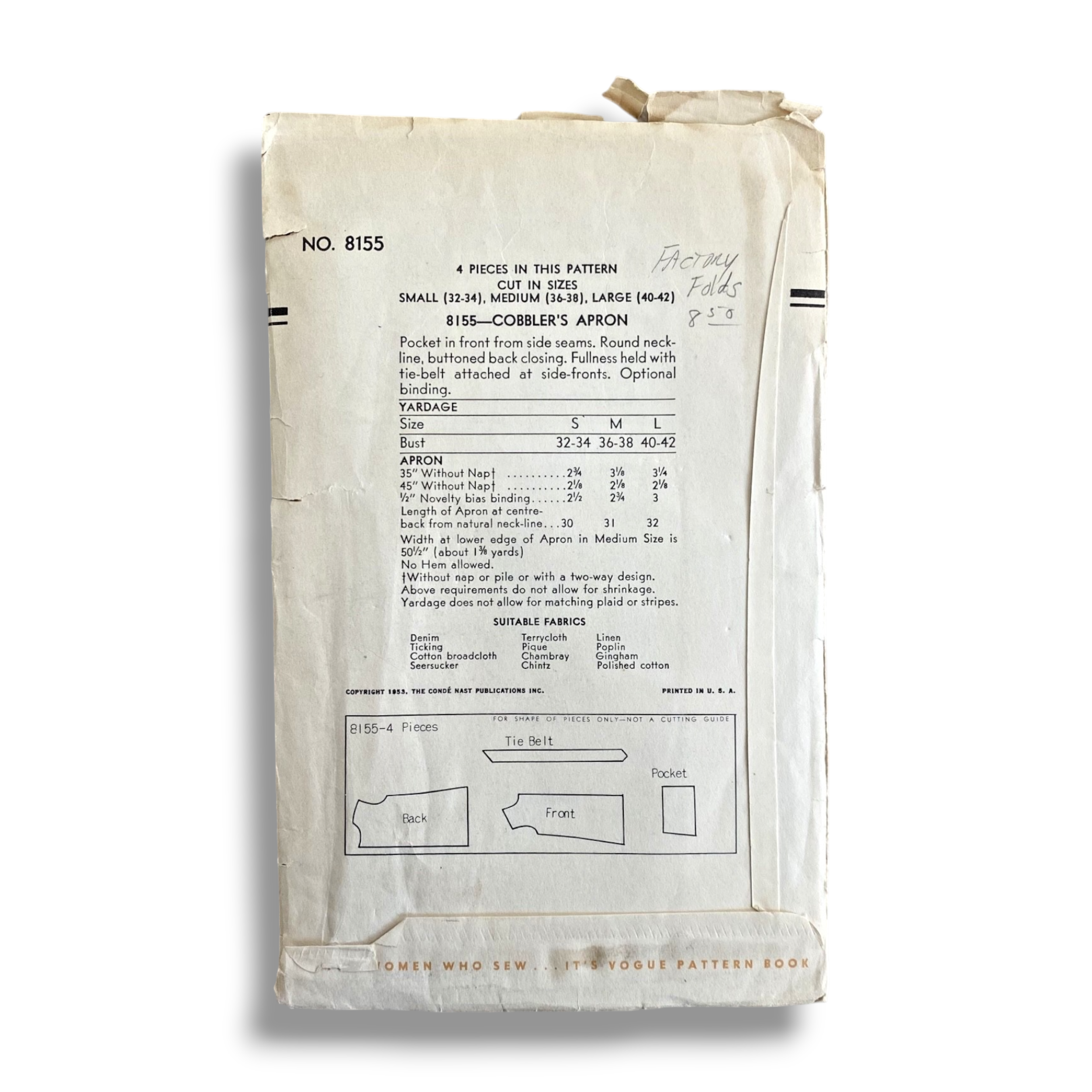 Vogue 8155, 50s Apron, Size Medium 14-16, Factory Folded, Vintage Sewing Pattern1.PNG
