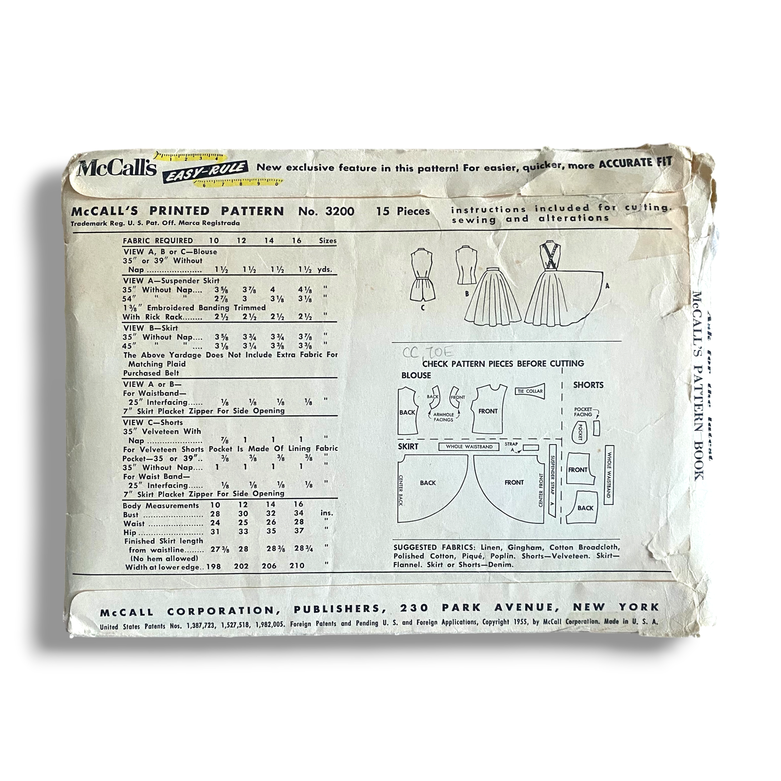 McCalls 3200, 50s Teenage Blouse, Skirt and Shorts, Size 12:30, Cut & Complete, Vintage Sewing Pattern1.PNG
