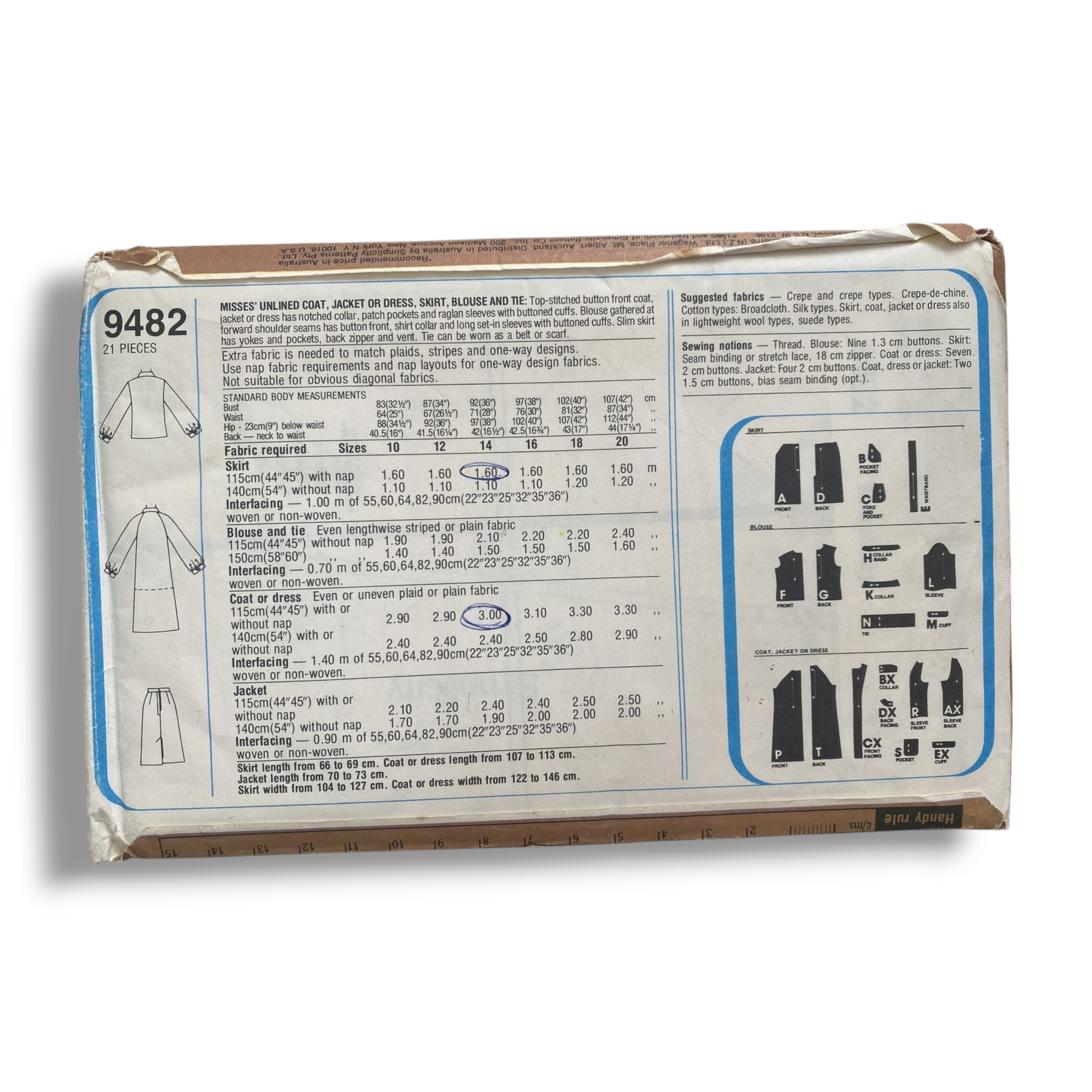 Simplicity 9482, Coat:Jacket:Dress:skirt:Blouse:Tie, Size 14:36, Unchecked, Printed Sewing Pattern1.PNG