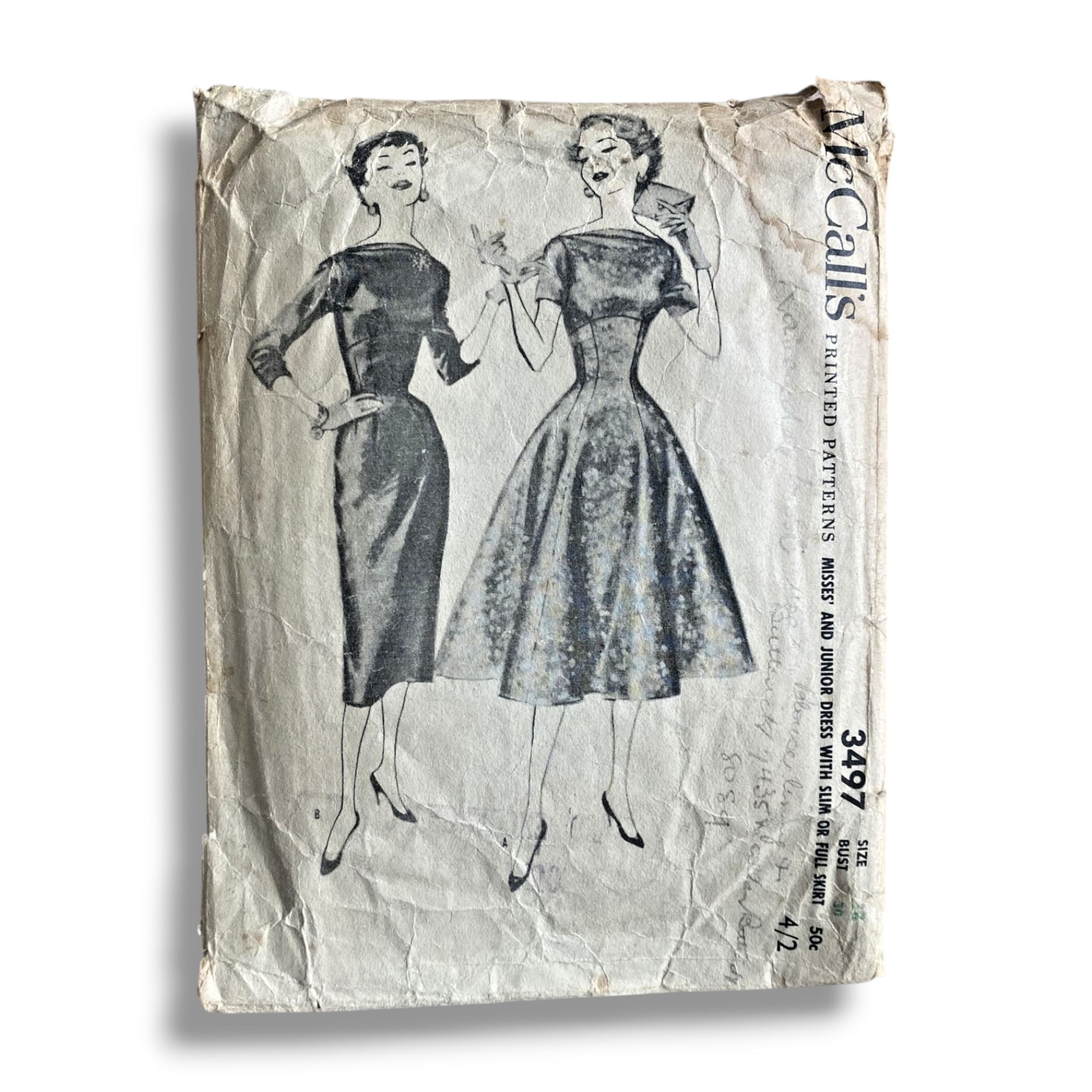 McCalls 3497, 50s Dress, Size 12/30, Cut, Vintage Sewing Pattern