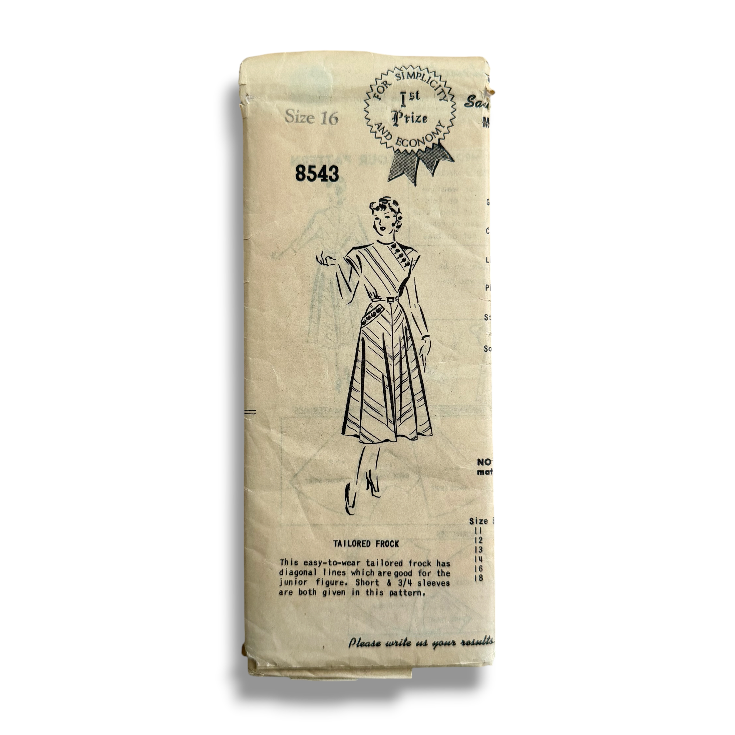 Sew-Rite 8543, 50s Tailored Dress, Bust 34, Unused, Vintage Sewing Pattern
