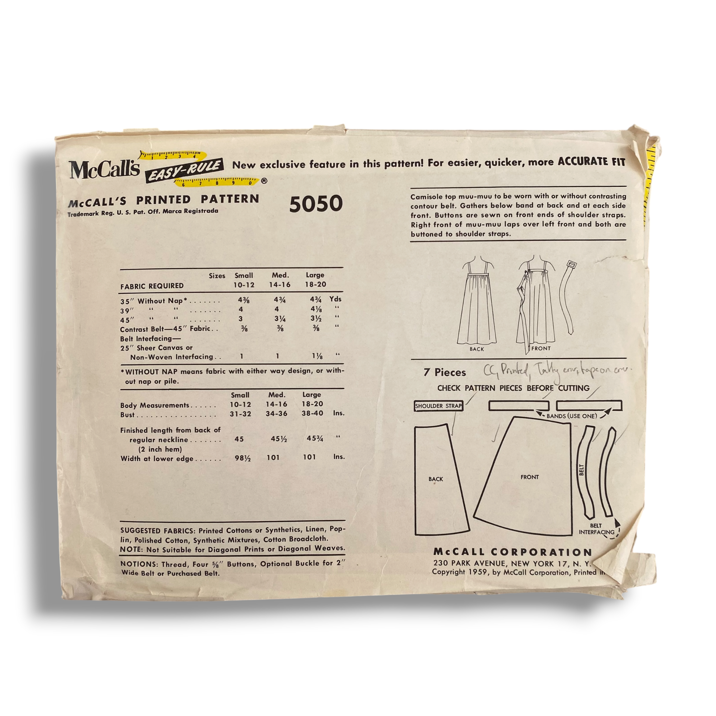 McCall’s 5050, 50s Muu-Muu Top:Dress, Size Medium, Cut & Complete, Vintage Sewing Pattern1.PNG