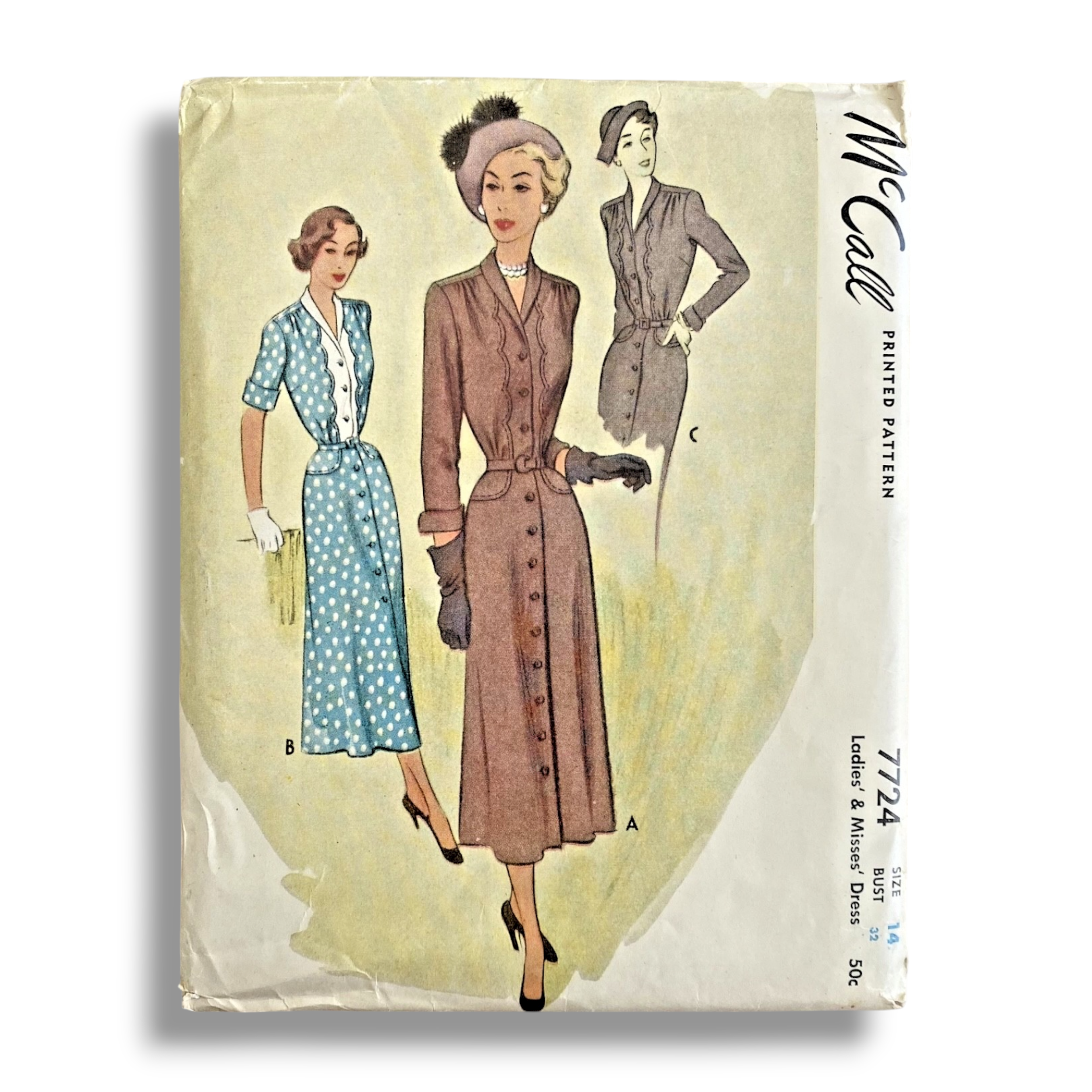 McCall 7724, 40s Dress, Size 14/32, Factory Folded, Vintage Sewing Pattern