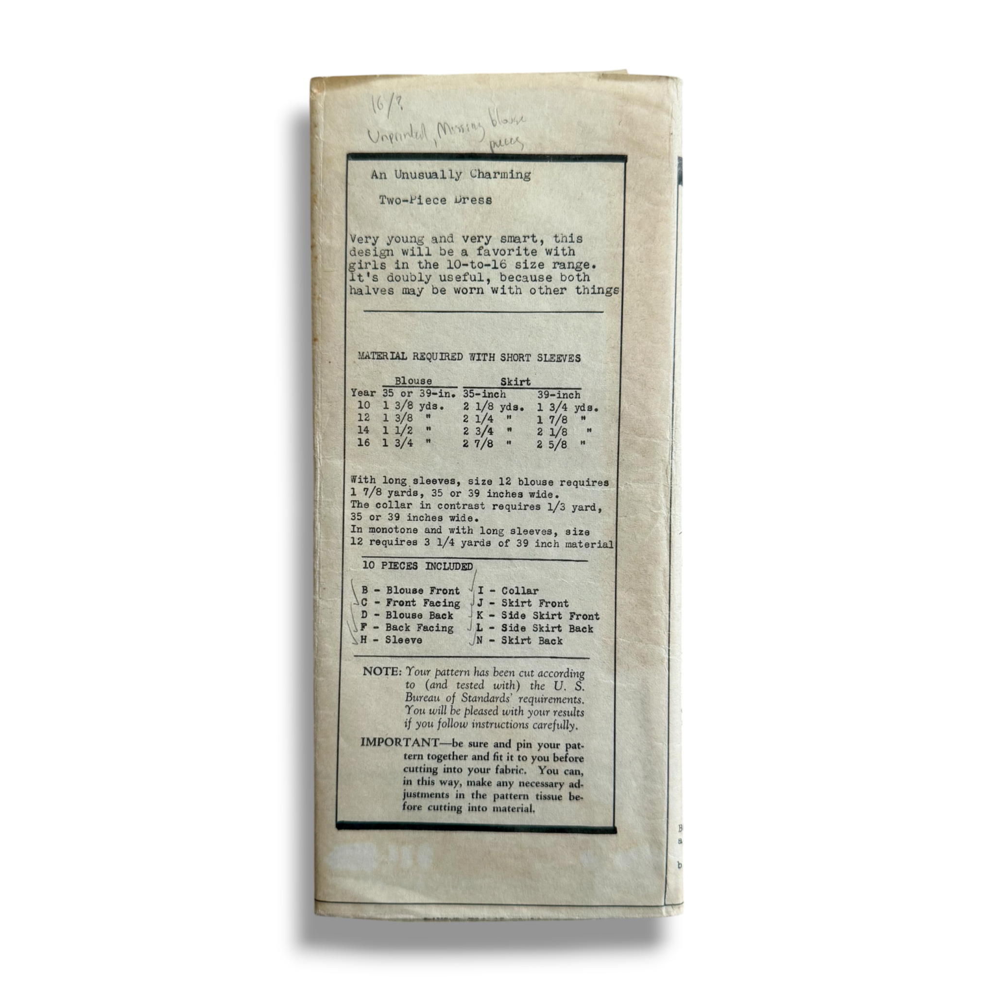 1657 Mail Order Pattern, 30s Teenage Two-Piece Dress, Size 16, Incomplete, Vintage Sewing Pattern 2.PNG