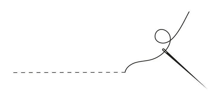 Diagram showing a circle and curved line connected to a needle and thread, with dashed line indicating sewing or stitching.