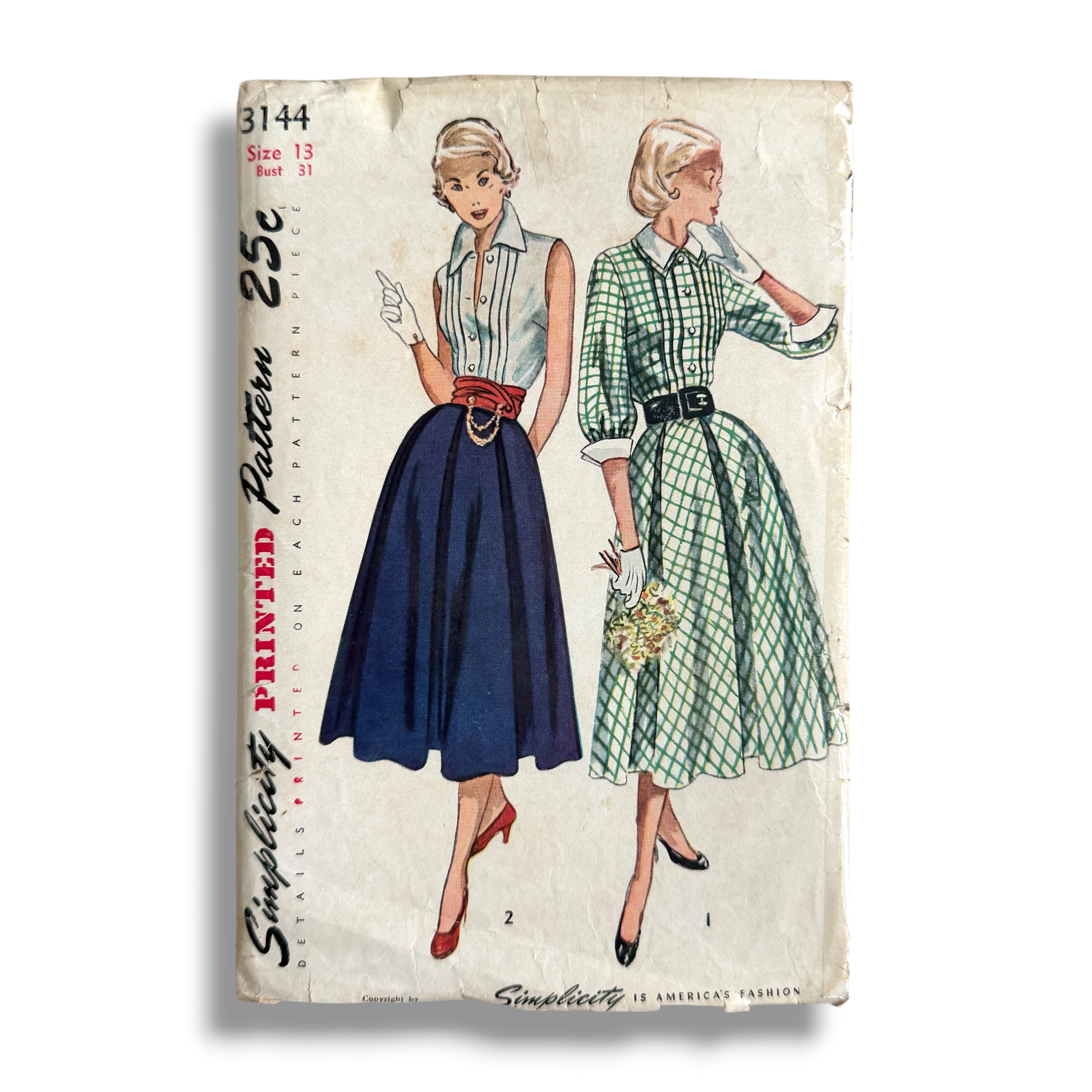 Simplicity 3144, 50s Blouse, Skirt & Cummerbund w. Detachable Collar & Cuffs, Size 13 Bust 31, Cut & Complete, Vintage Sewing Pattern