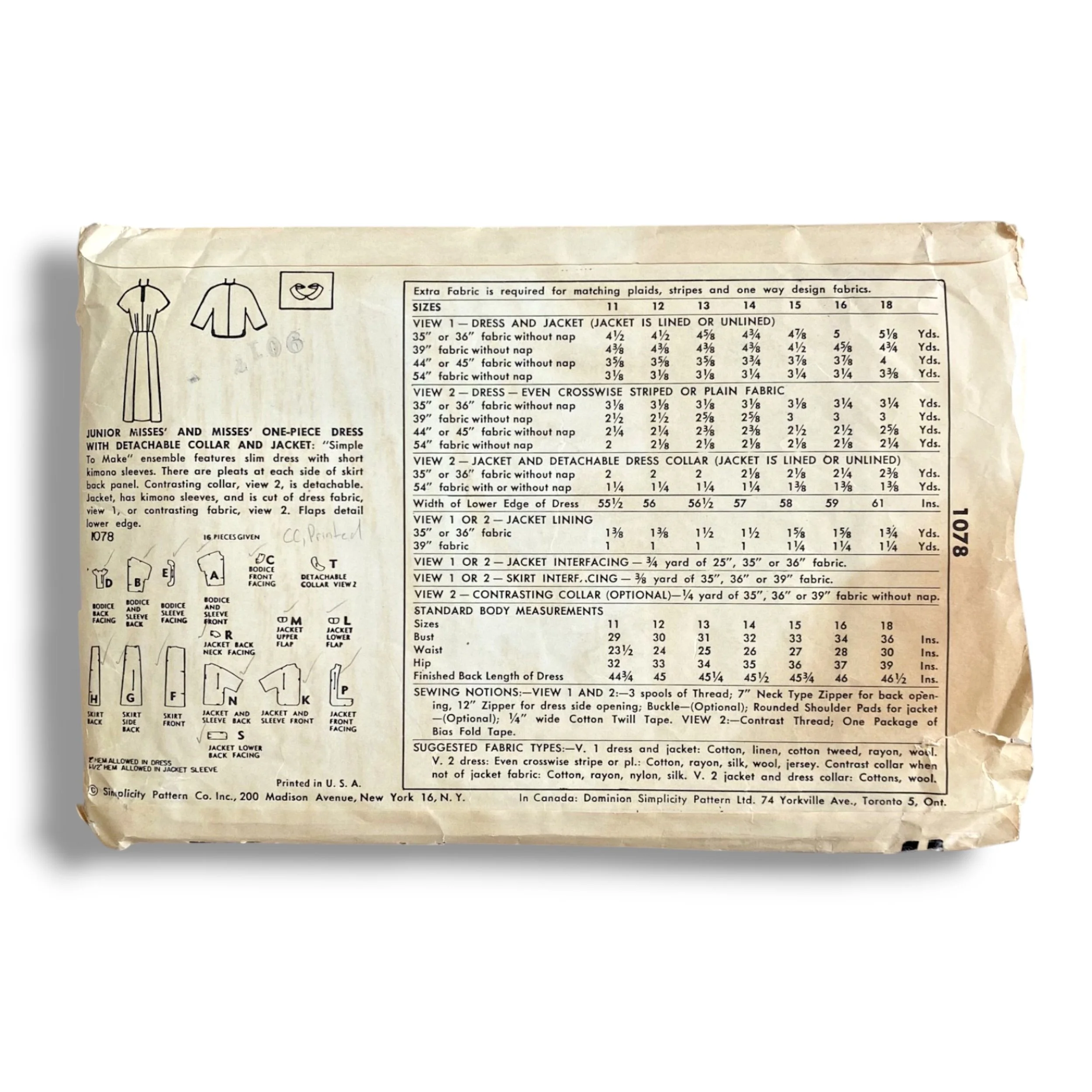 Simplicity 1078, 50s Dress:Jacket, Size 16:34, Cut & Complete, Vintage Sewing Pattern1.jpg