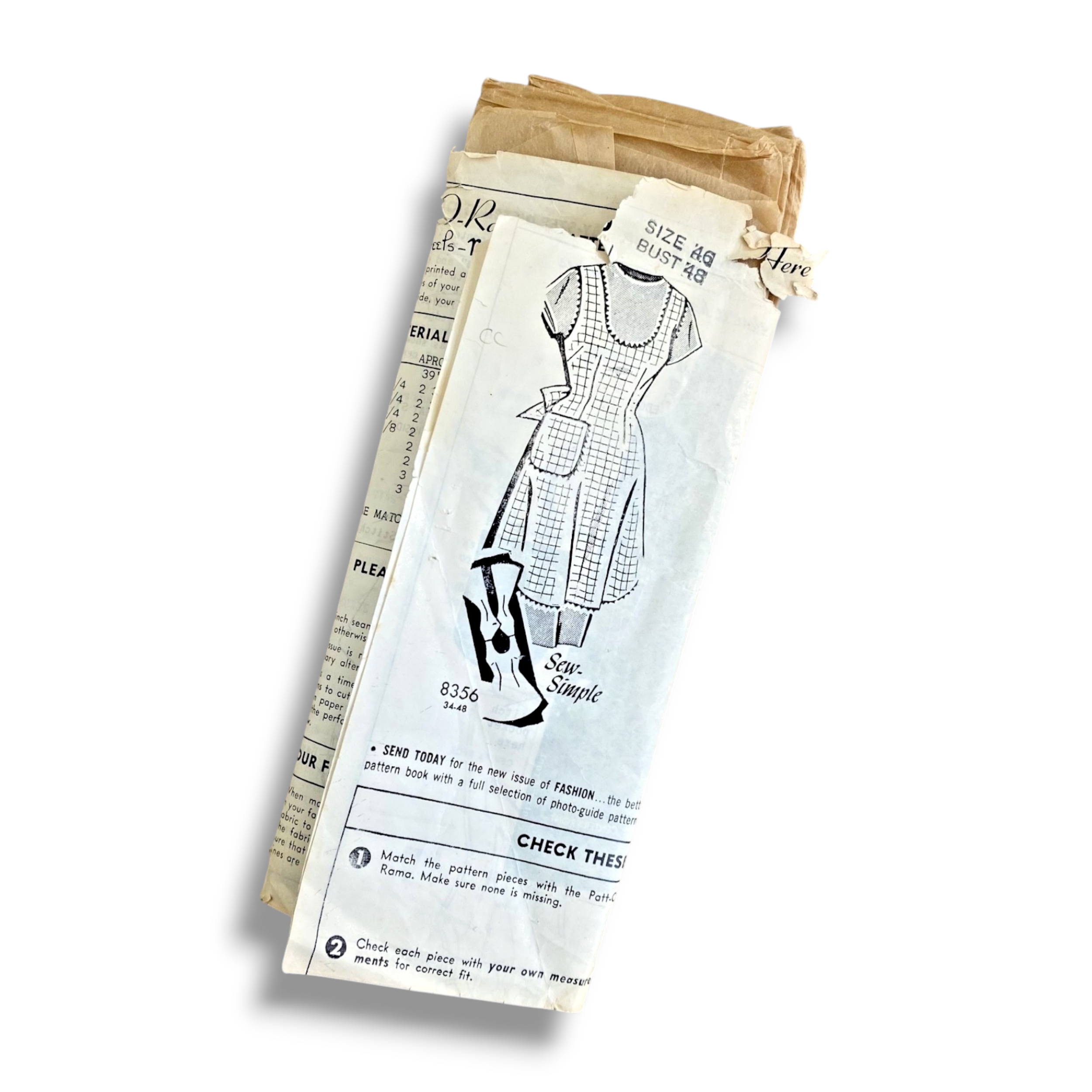 Mail Order, Patt-O-Rama 8356, 60s Apron, Size 46 B48 , Cut & Complete, Vintage Sewing Pattern