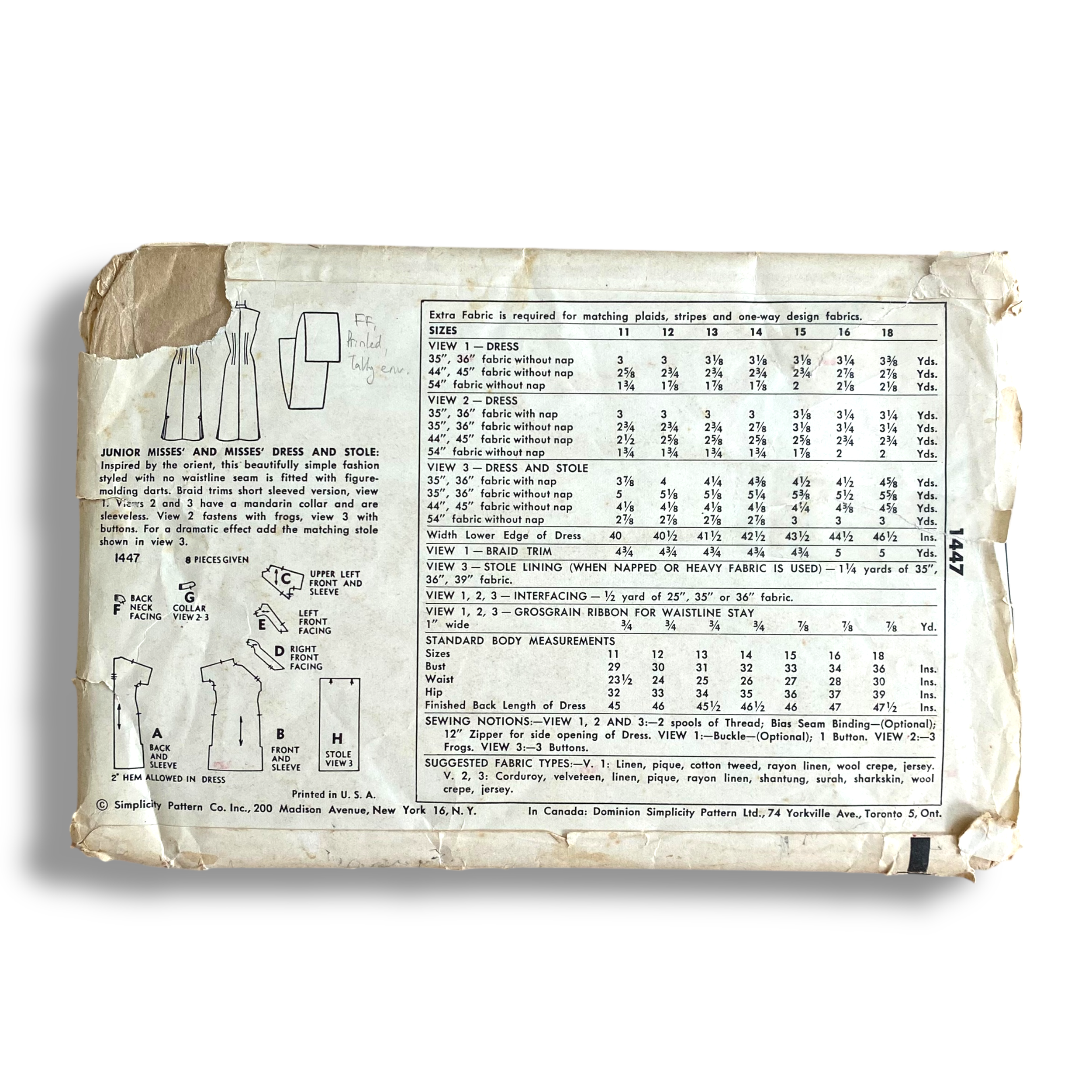 Simplicity 1447, 50s Dress:Stole, Size 16:34, Factory Folded, Vintage Sewing Pattern2.png