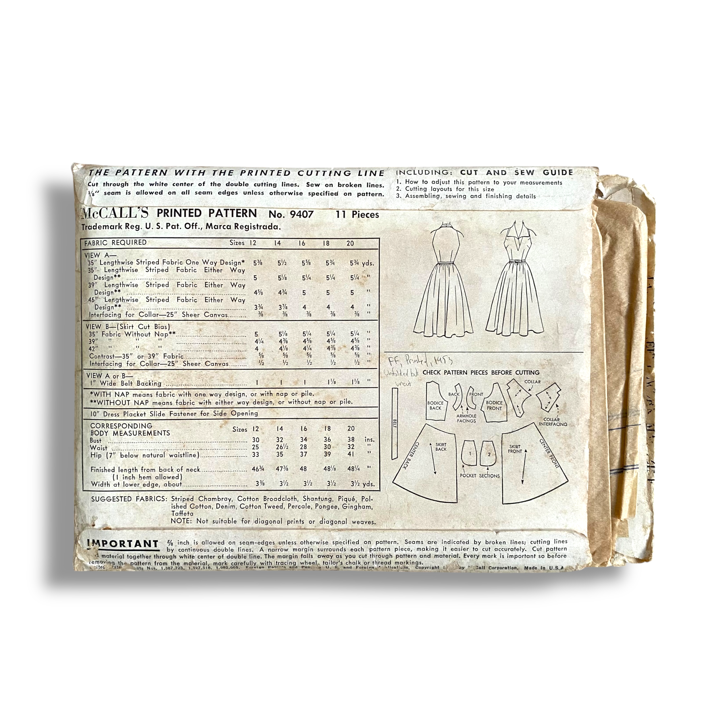 McCalls 9407, 50s Dress, Size 16:34, Cut & Complete, Vintage Sewing Pattern2.png