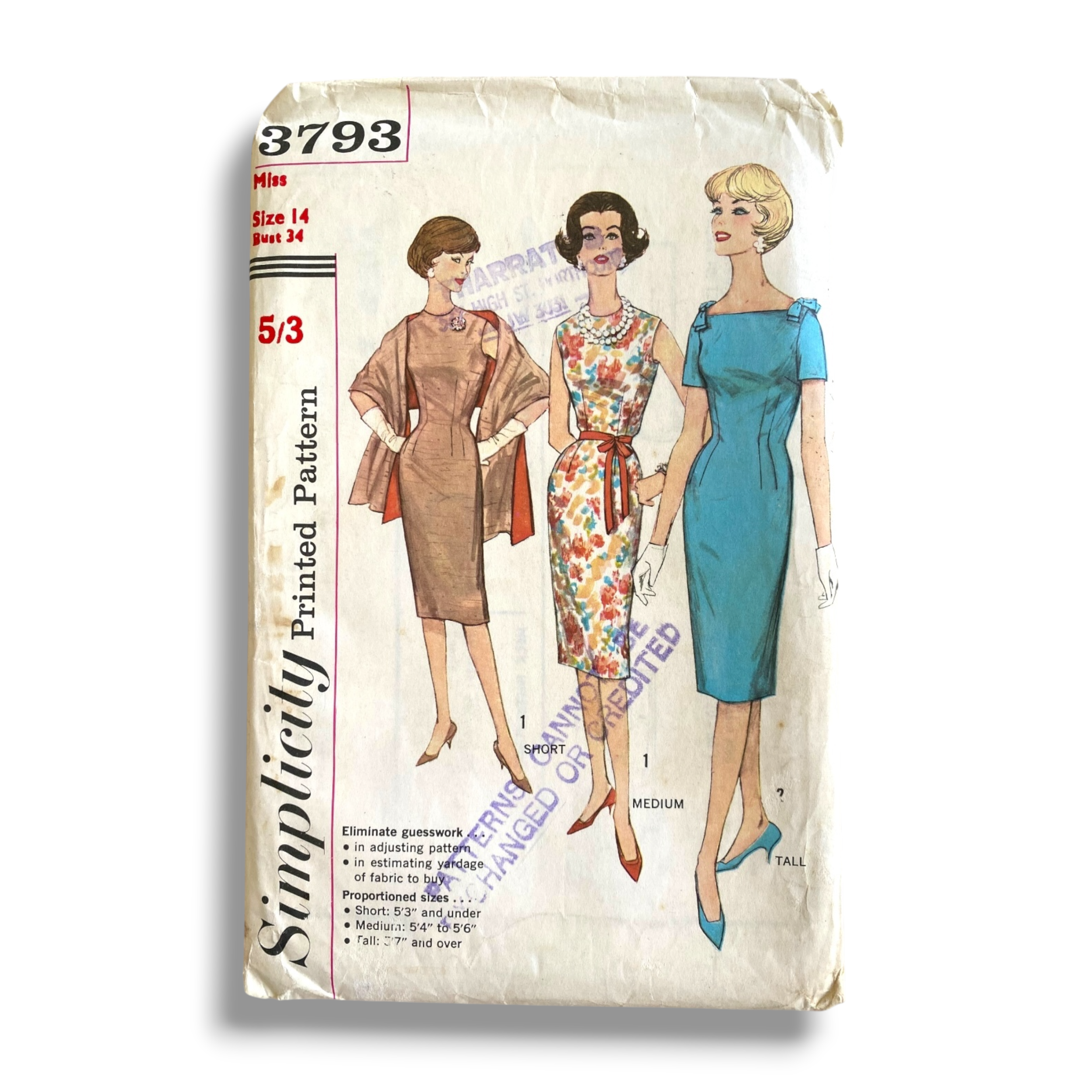 Simplicity 3793, 60s Proportioned Dress/Stole, Size 14/34, Factory Folded, Vintage Sewing Pattern