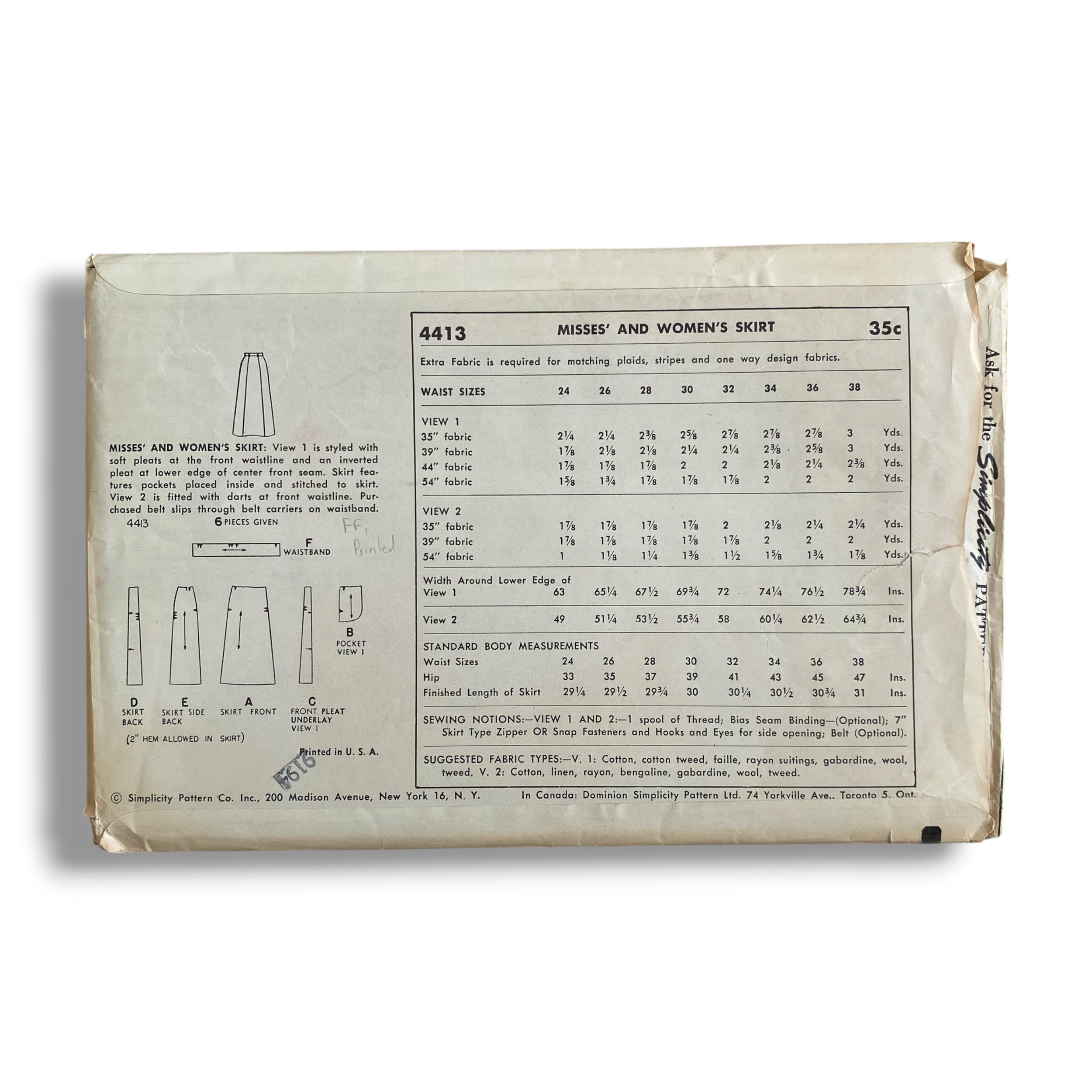 Simplicity 4413, 50s Skirt, W30:H39, Factory Folded, Vintage Sewing Pattern1.PNG